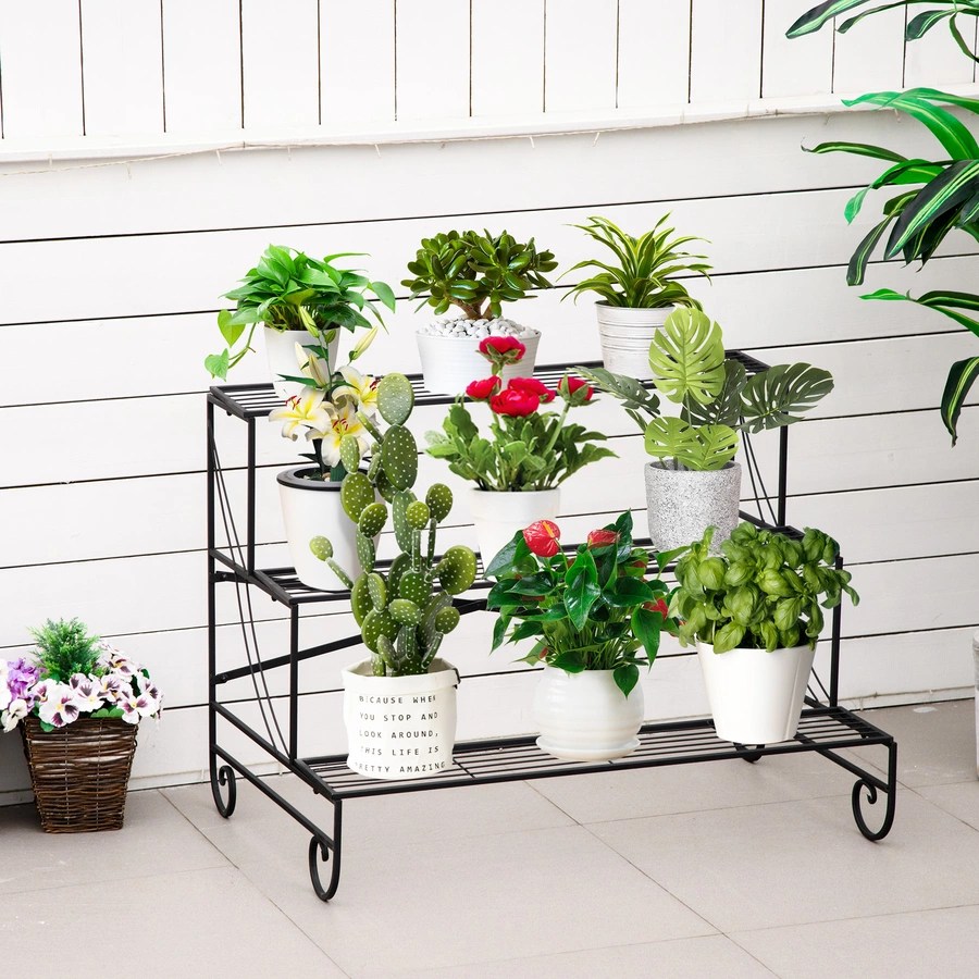 Outsunny Blumenregal mit 3 Stufen und Ornamenten schwarz