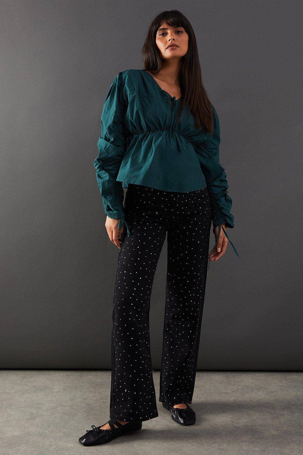 Warehouse Blouse en Coton à Manches Bouffantes et Nœud Devant