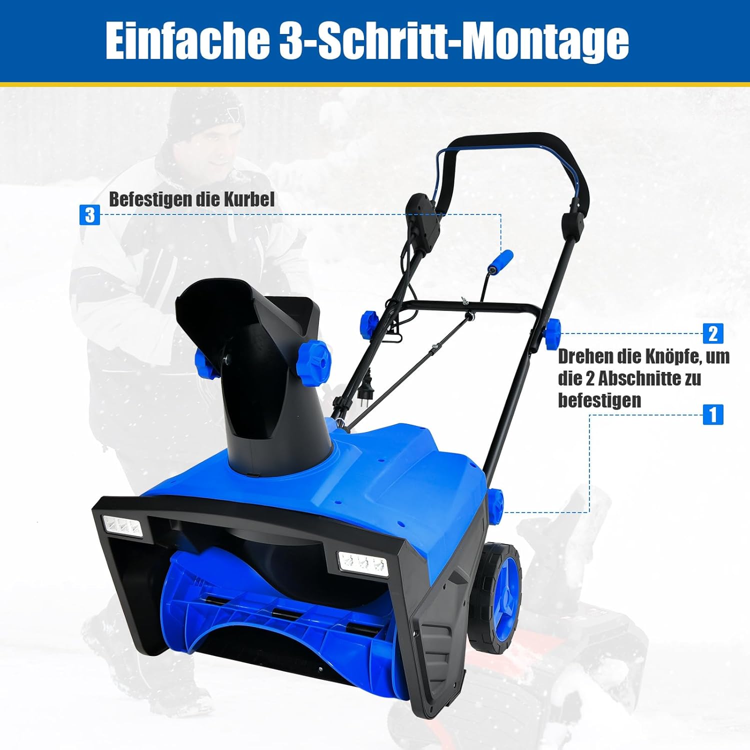 GOPLUS Elektrische Schneefräse mit LED-Scheinwerfern, 180° drehbarem Auswurfkanal, 50 cm Arbeitsbreite, 25 cm Arbeitshöhe, 9 m Auswurfweite, Schneeschieber mit Motor, für Auffahrt & Terrasse (Blau)