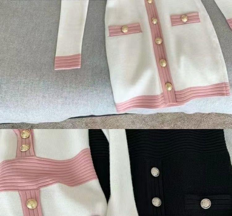 Sancus - Mini-jurk met lange mouwen, V-hals en contrasterende afwerking, gebreid