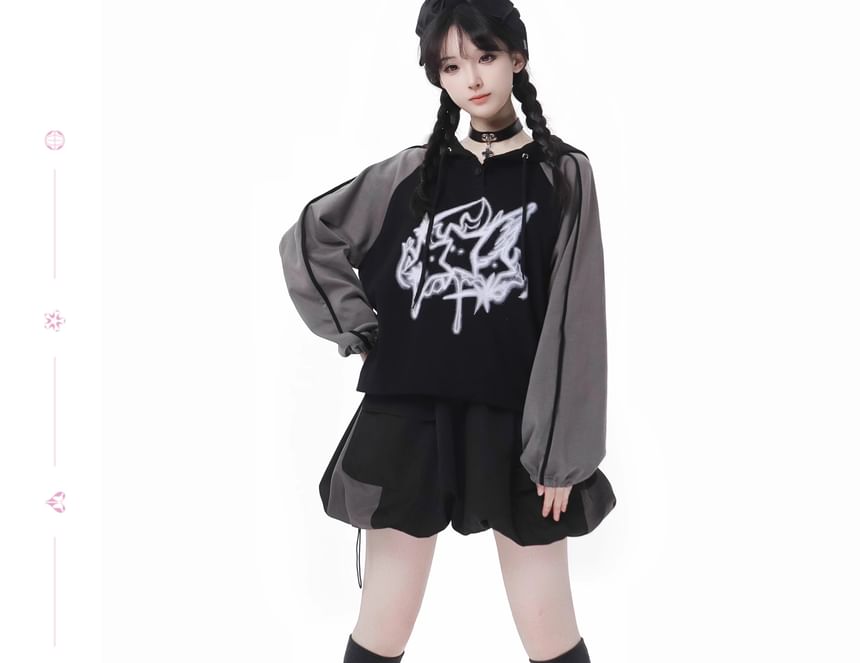 Florimi - Grafische print raglan hoodie met trekkoord