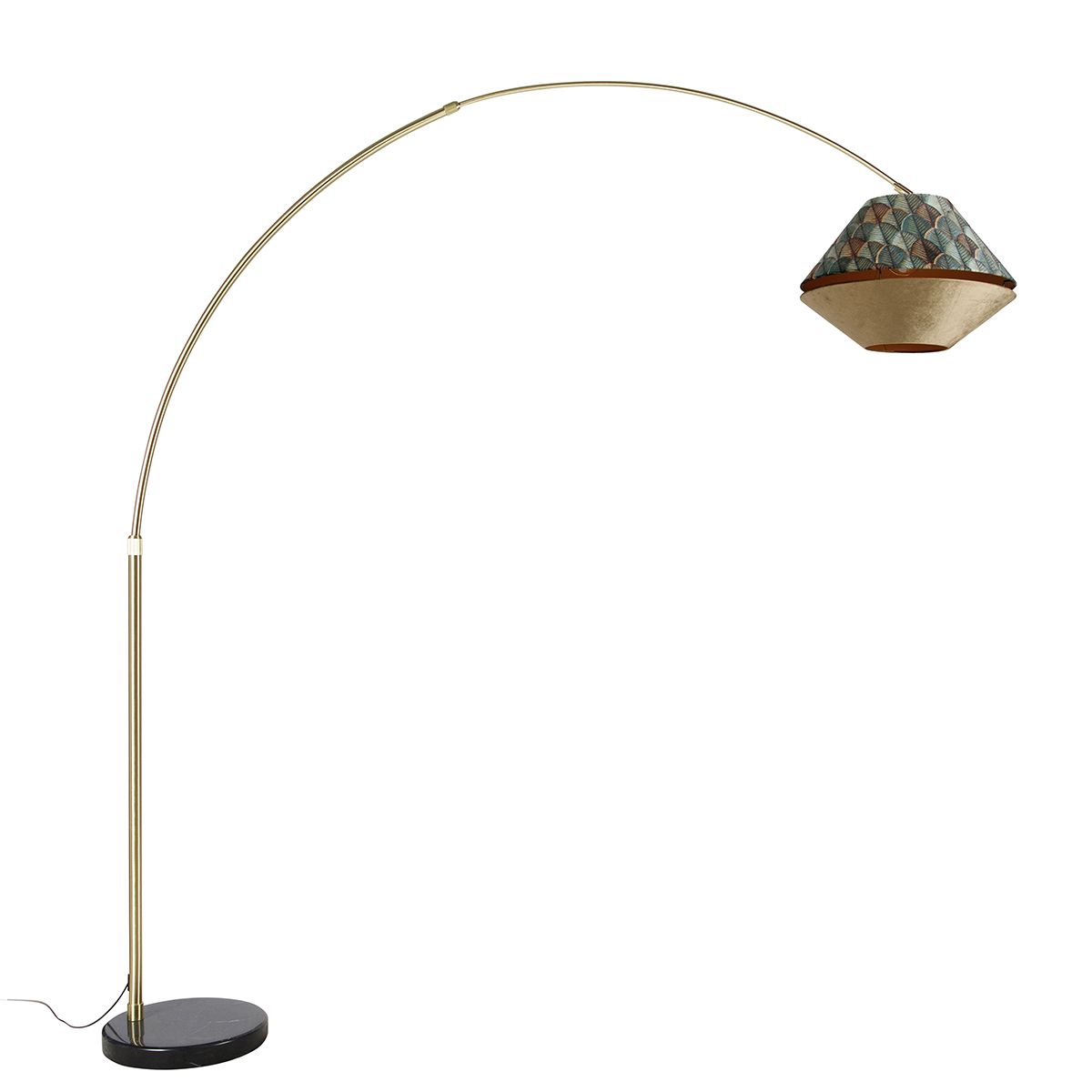 Booglamp messing met dubbele velours kap blad dessin en beige - XXL