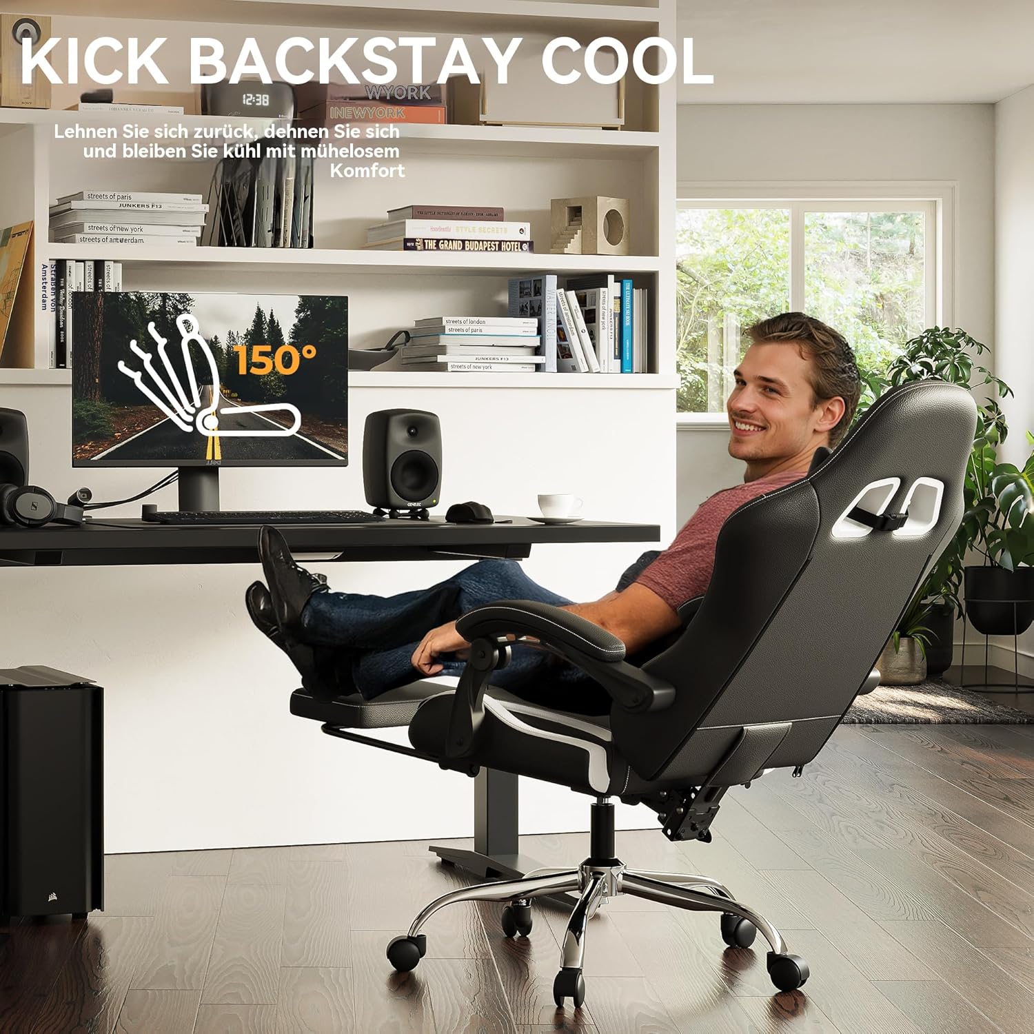 Dowinx Gaming Stuhl mit Fußstütze und Massage Lendenstütze Ergonomic Gaming Chair als Komfortabler Gaming-Sessel mit Kopfstütze, Ideal Für Büro, Home, Streaming und Lange Gaming-Sessions, Weiß