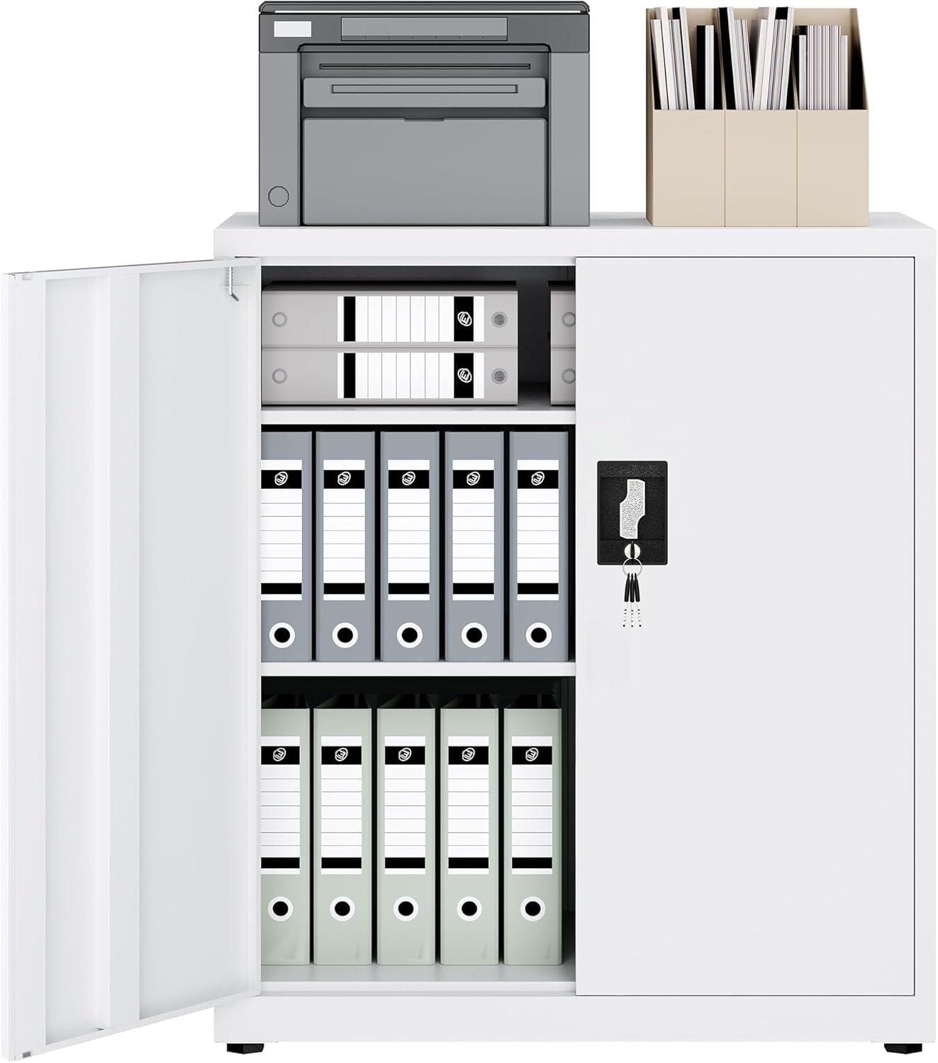LAND·VOI Stahlschrank 3 Ebenen mit Schloss verstellbare Einlegeböden Doppeltüren Aktenschrank Werkzeugschrank für Büro Garage Haushalt Werkstatt 80x40x91.5 cm weiß