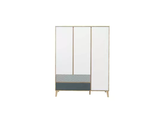 Armoire 3 portes 2 tiroirs Chêne blond/Bleu/Blanc - ESMEY