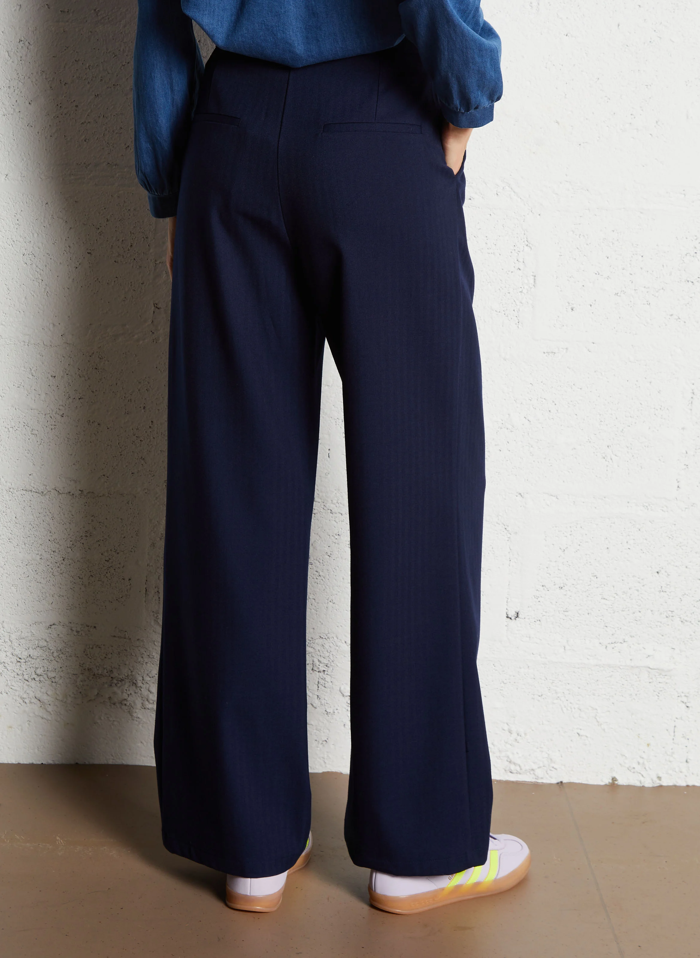 PAOLINE - Pantalon large taille haute à pinces| Bleu