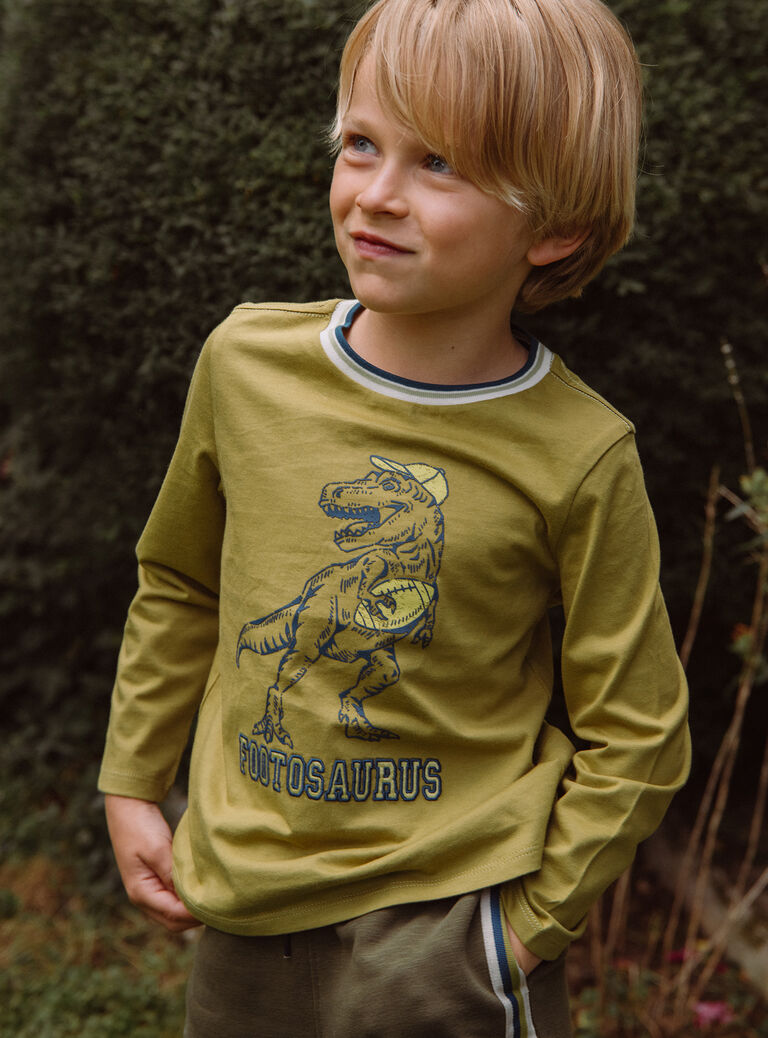 T-shirt jaune moutarde à motif dinosaure