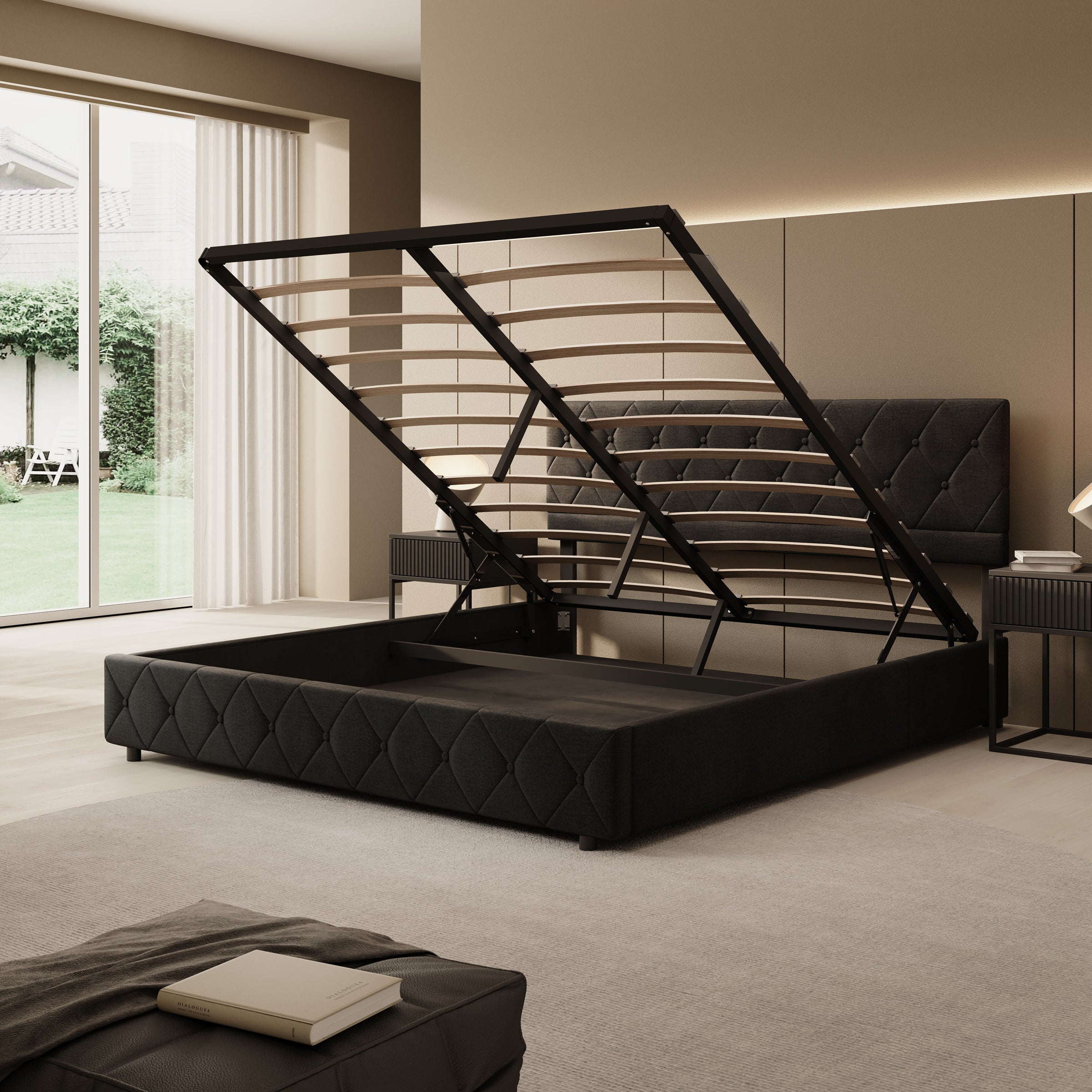 Hernandez - Tweepersoonsbed met opbergruimte - Velvet zwart - 180x200 cm