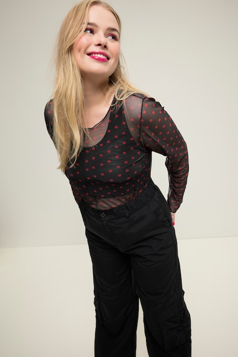 Mesh-Longsleeve, Regular Fit, Heart-Print, Rundhals