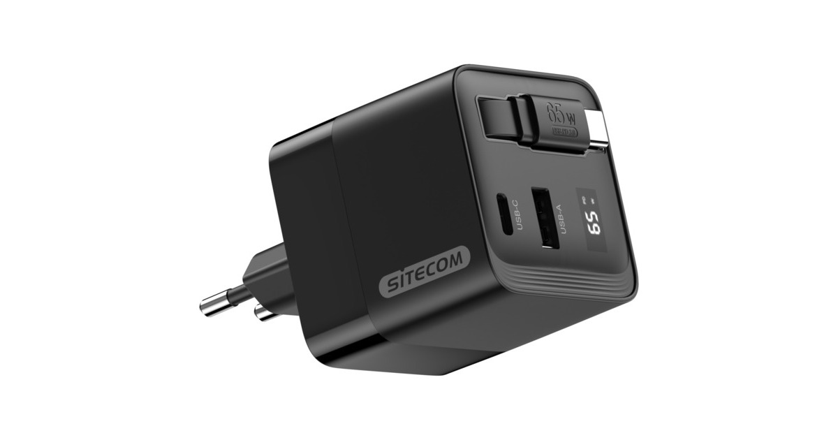 Sitecom65W GaN Power Delivery wandoplader met uittrekbare kabel  (Zwart)
