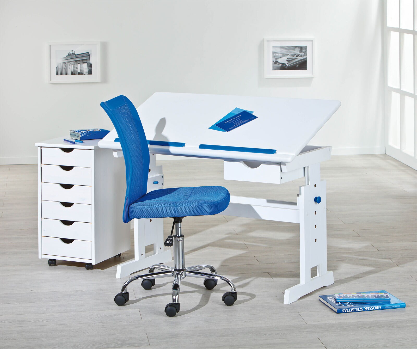 Schreibtisch Julian 109x63-96cm blau/rosa - weiß