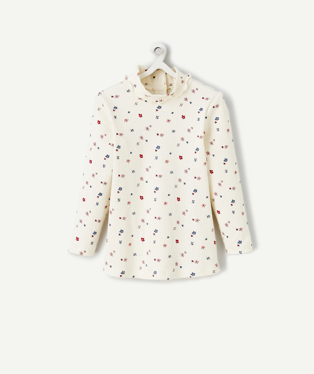 SOUS-PULL CÔTELÉ FILLE EN COTON BIO ÉCRU IMPRIMÉ FLEURI