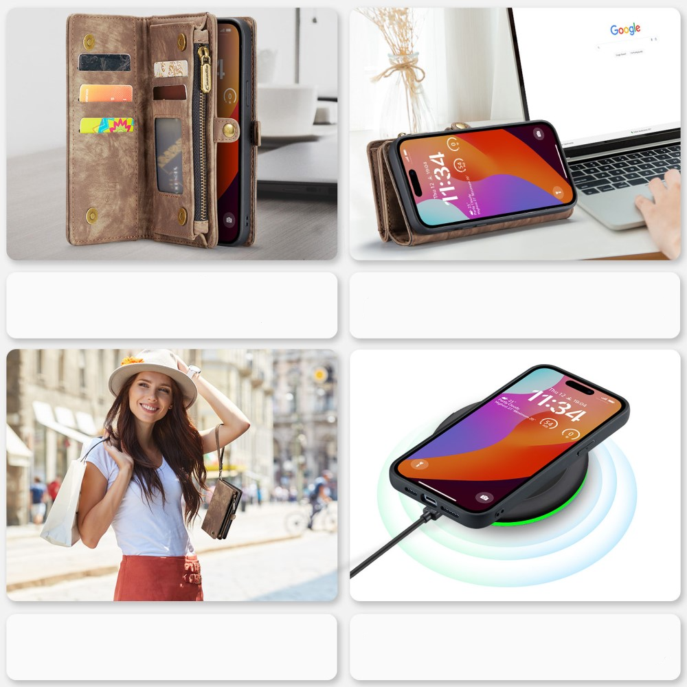 iPhone 16 Pro 2in1 Leder Tasche   Magnet Hardcase Karten Etui - Braun
