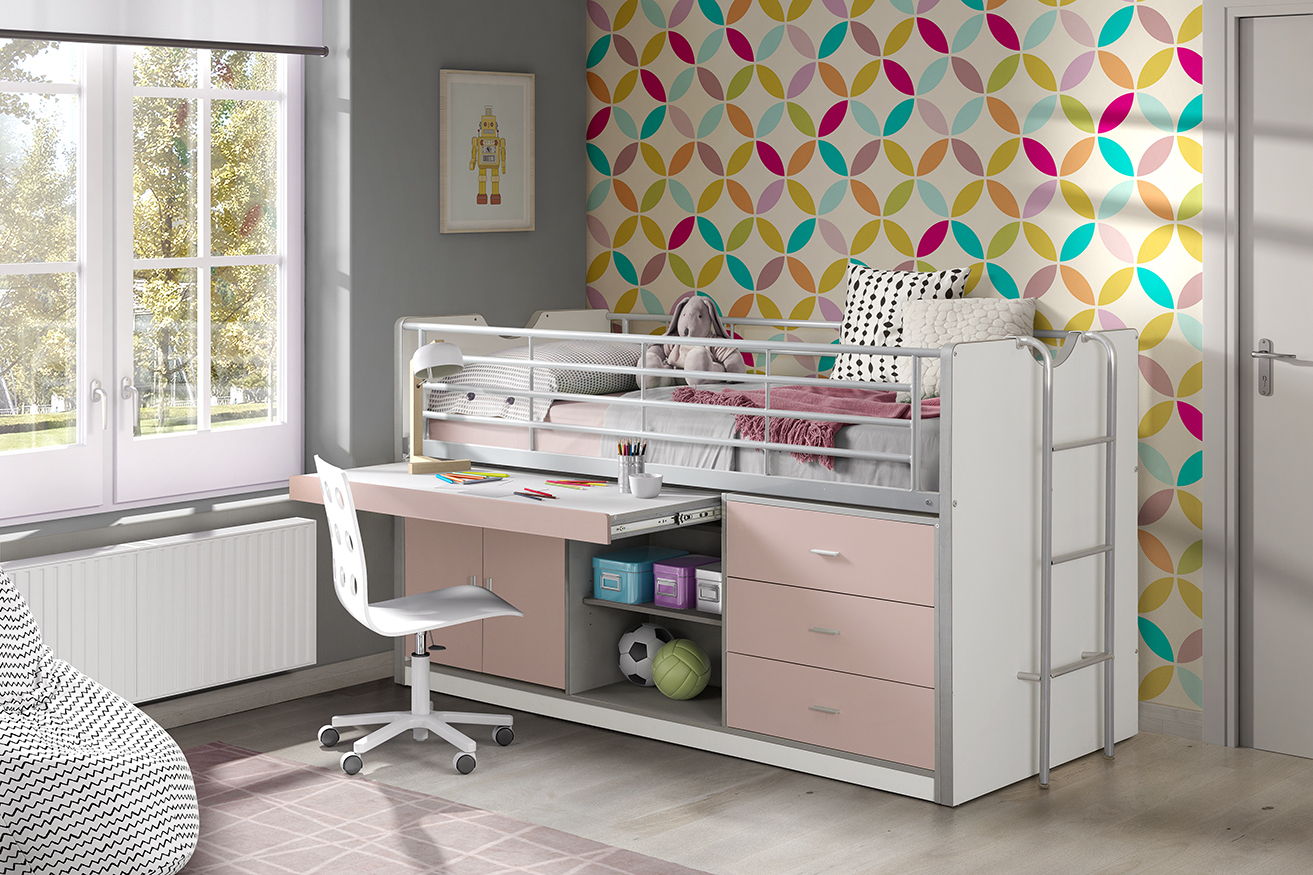 Funktions-Hochbett BONNY - weiß-rosa - mit Schreibtischschublade - 90x200 cm