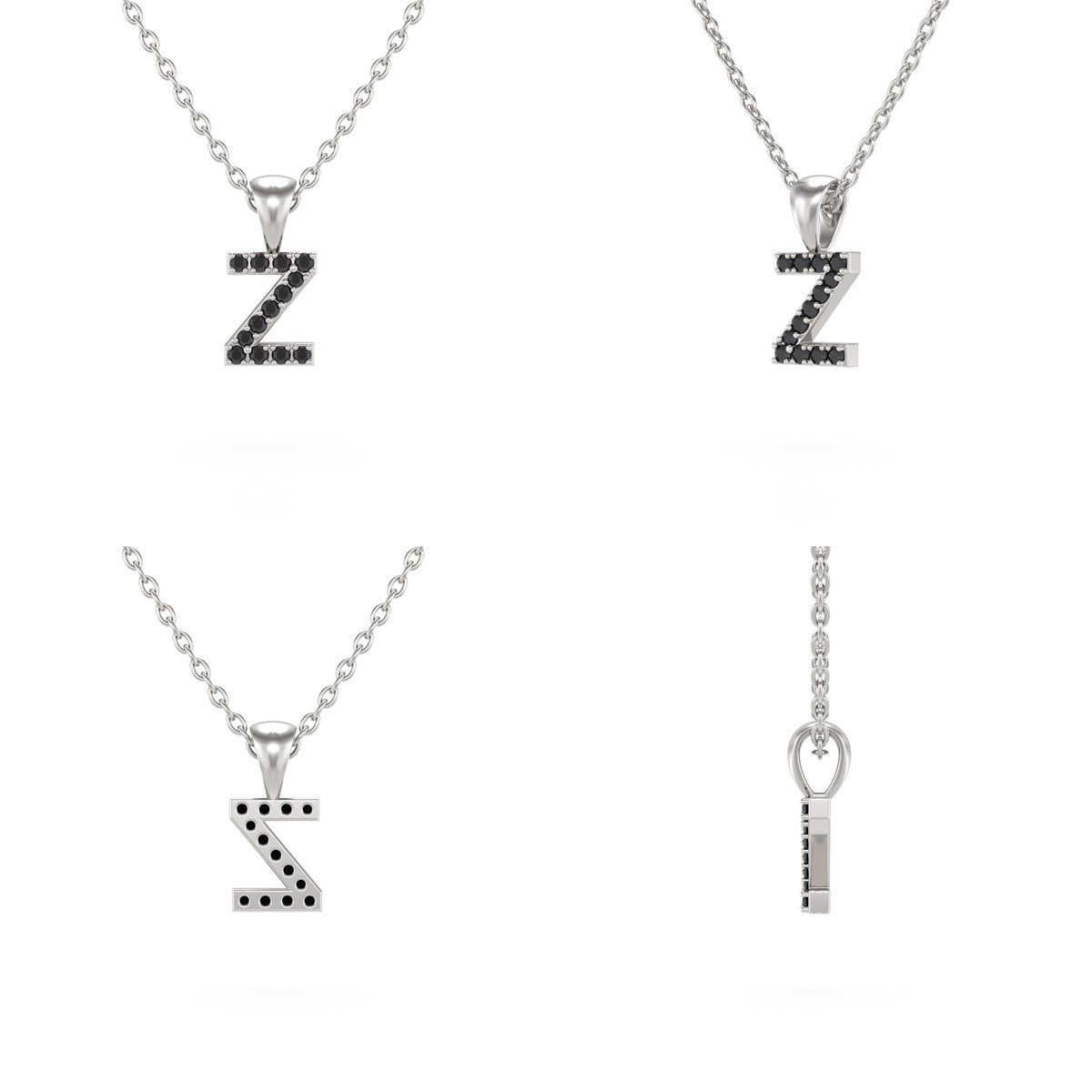 Collier Pendentif ADEN Lettre Z Or 750 Blanc Diamant Noir Chaine Or 750 incluse 0.72grs