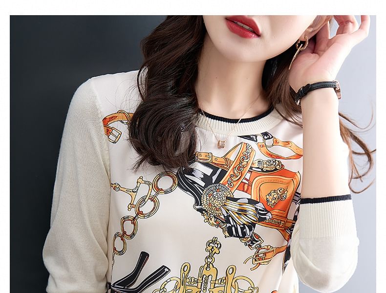 Kwuartz - Gebreide top met lange mouwen, ronde hals en print en contrasterende bies