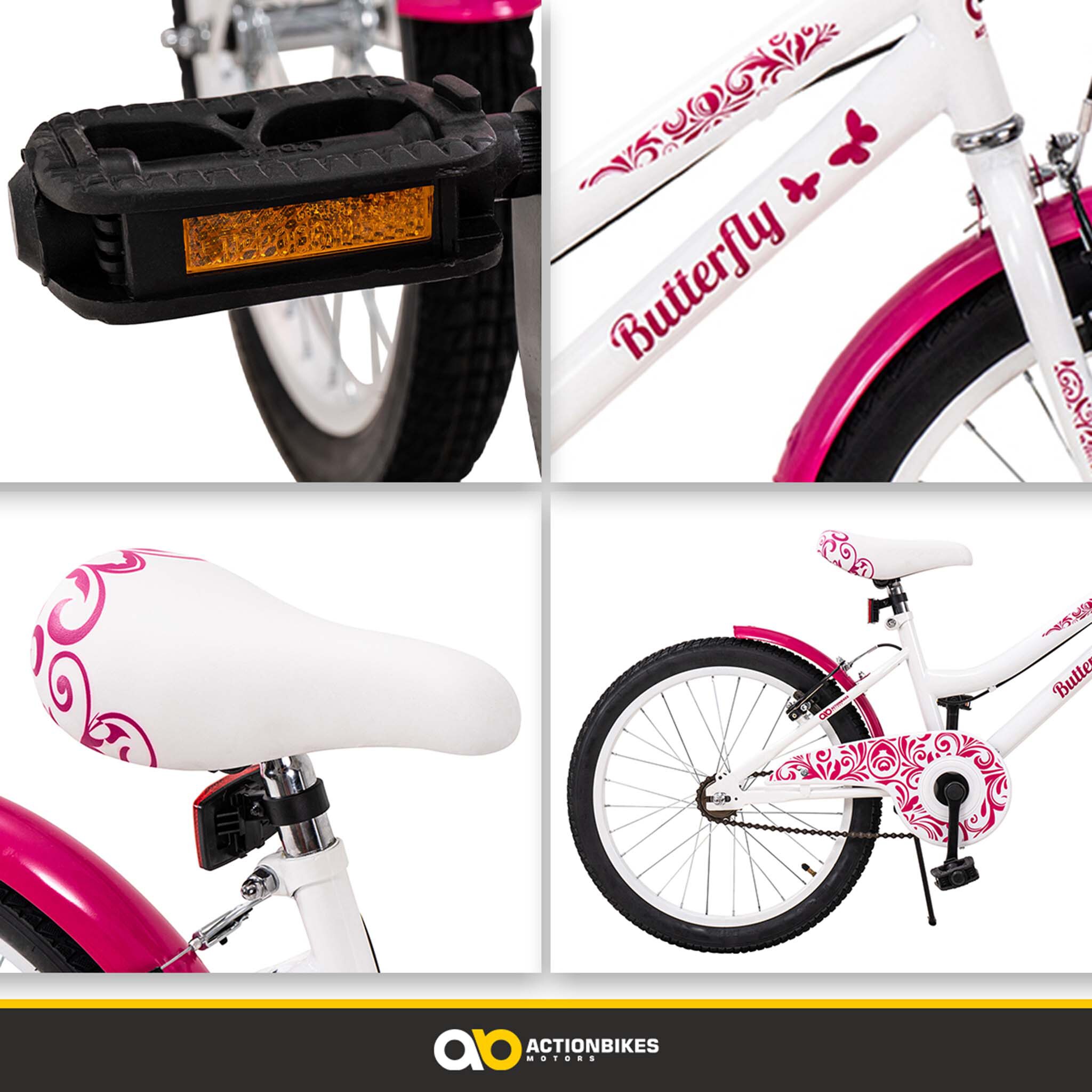 Actionbikes Kinderfahrrad Butterfly 20 Zoll, Pink, Fahrradständer, Kettenschutz, Antirutschgriffe (Weiß/Pink)
