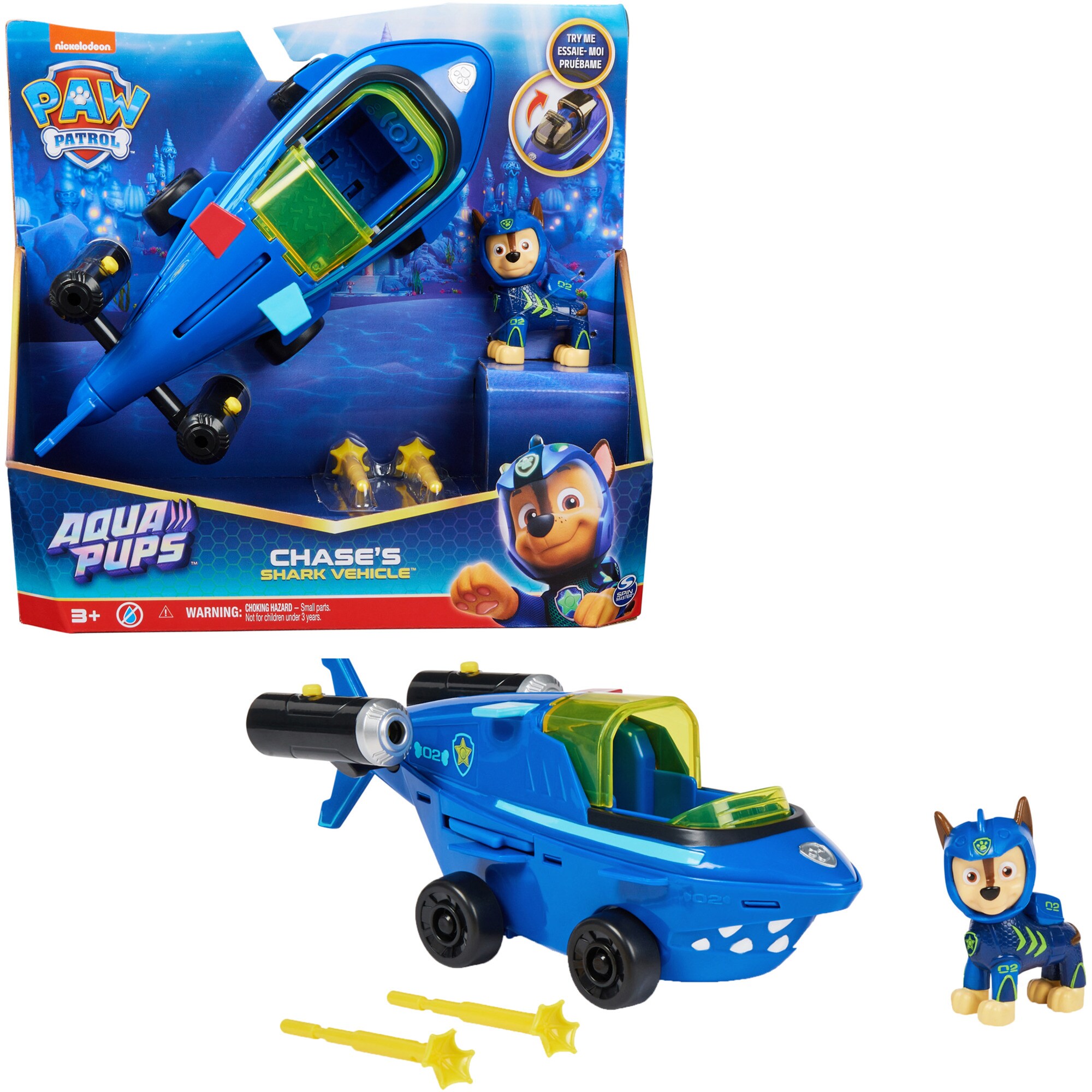 Spin Master Spielfahrzeug Paw Patrol Aqua Pups - Basis Fahrzeug im Hai-Design mit Chase-Welpenfigur
