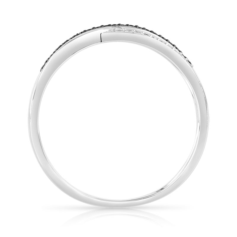 Bague or 375 blanc triple anneau diamants noirs et blancs