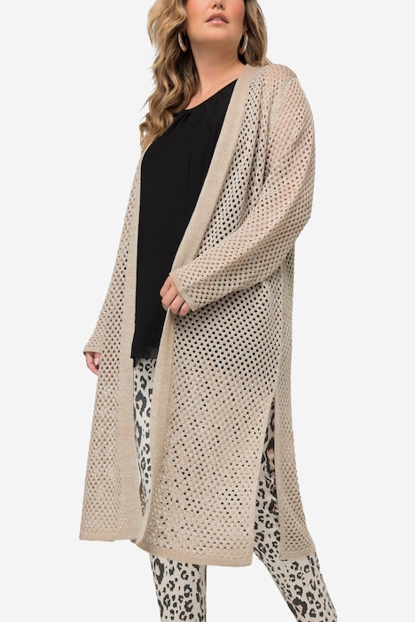 Long-Strickjacke, Ajourstrick, Metallic-Effekt, Langarm