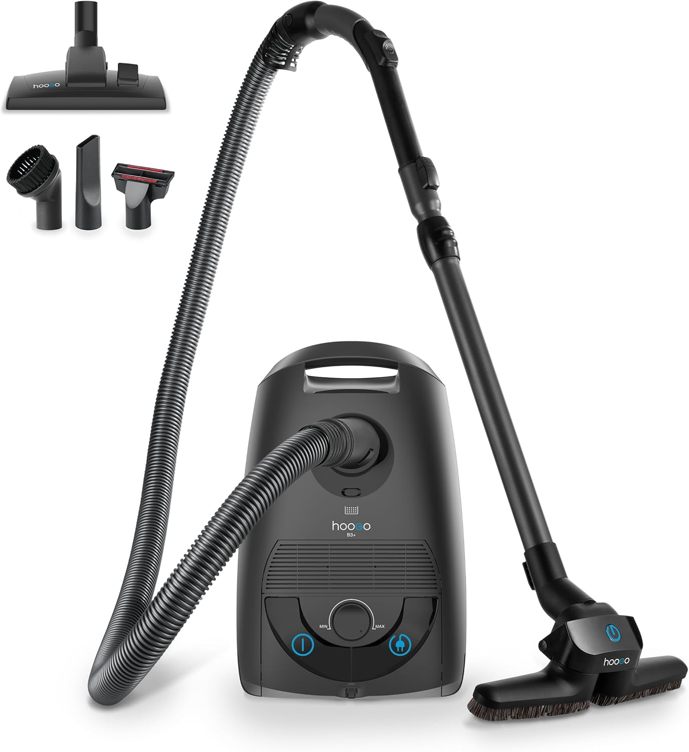 hoogo B3+ Graphit mit Flipflop Bodendüse | Staubsauger mit Beutel | Starke 850 W Saugleistung | HEPA 14 Filter | 11 Meter Radius | Nur 74 dB(A) | 3 L Fassungsvermögen