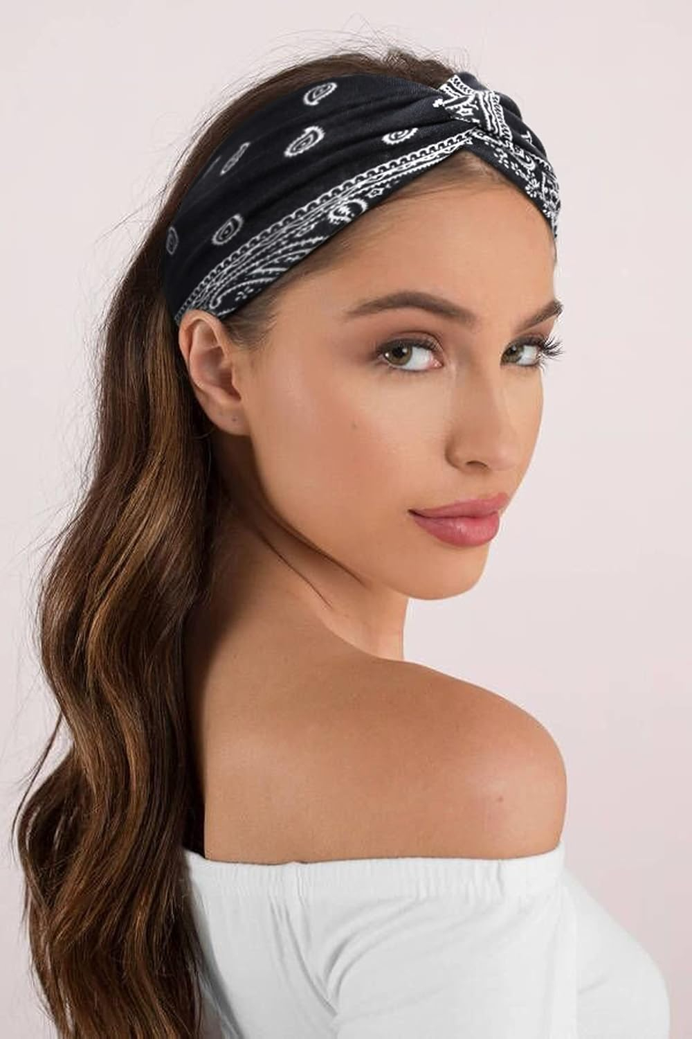 Damen Kreuzstirnband Haarband Haar Bandana Fashion Accessoire Paisley Muster (One Size) - Schwarz / Weiss