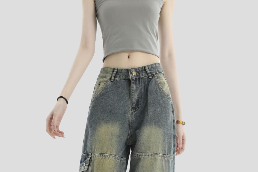 INStudio - High Waist Washed Wide Leg Cargo Jeans