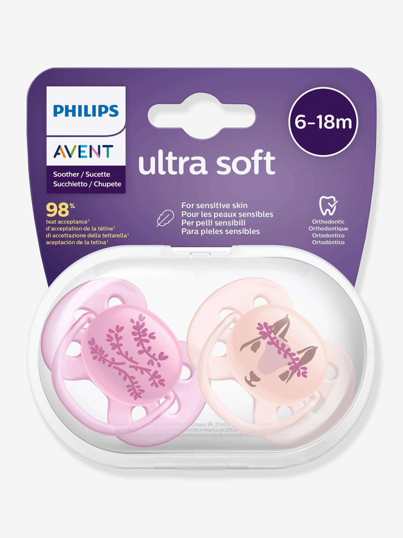 Pacote com 2 chupetas Philips AVENT extra macias para recém-nascidos, branco escuro, lisas com estampas.