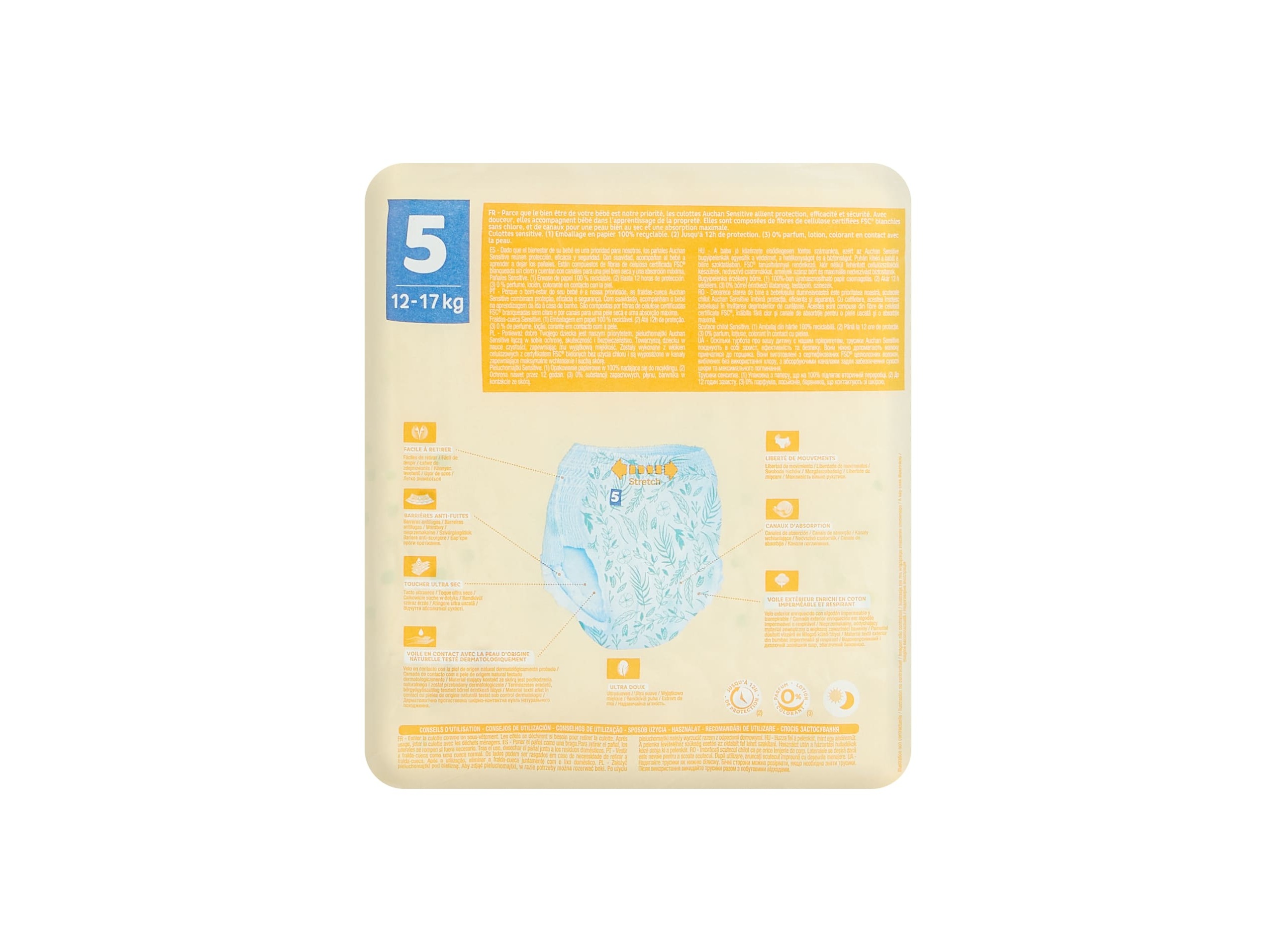 FRALDAS CUECA AUCHAN BABY SENSITIVE ECOLÓGICAS TAMANHO 5 12-17KG 20UN