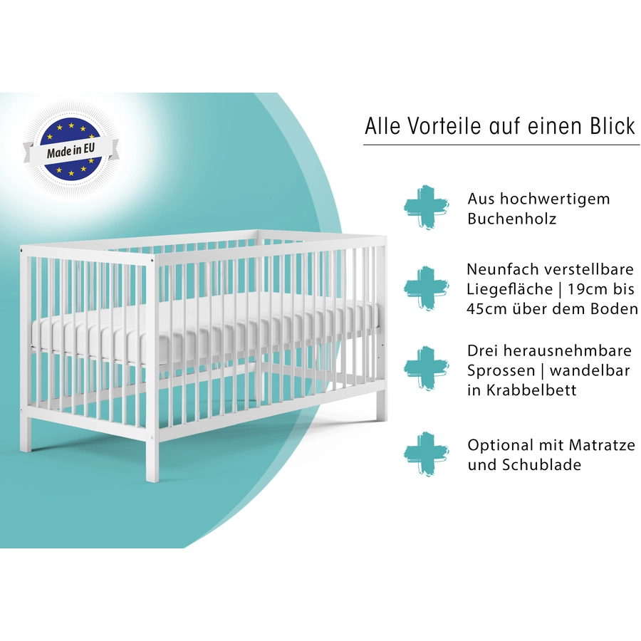 Kids Collective Babybett Gitterbett 60x120 | 70x140 höhenverstellbar & herausnehmbare Sprossen weiß