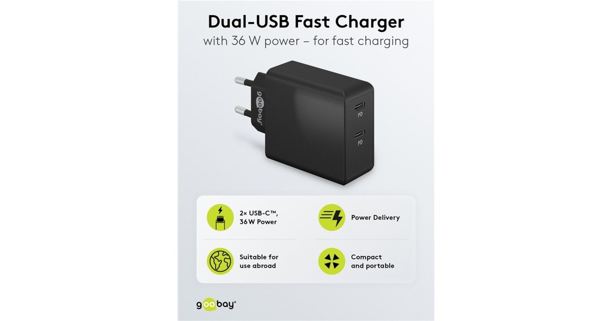 goobayUSB-C PD Dual snellader (36 W)  (Zwart, 2x USB-C, Power Delivery)