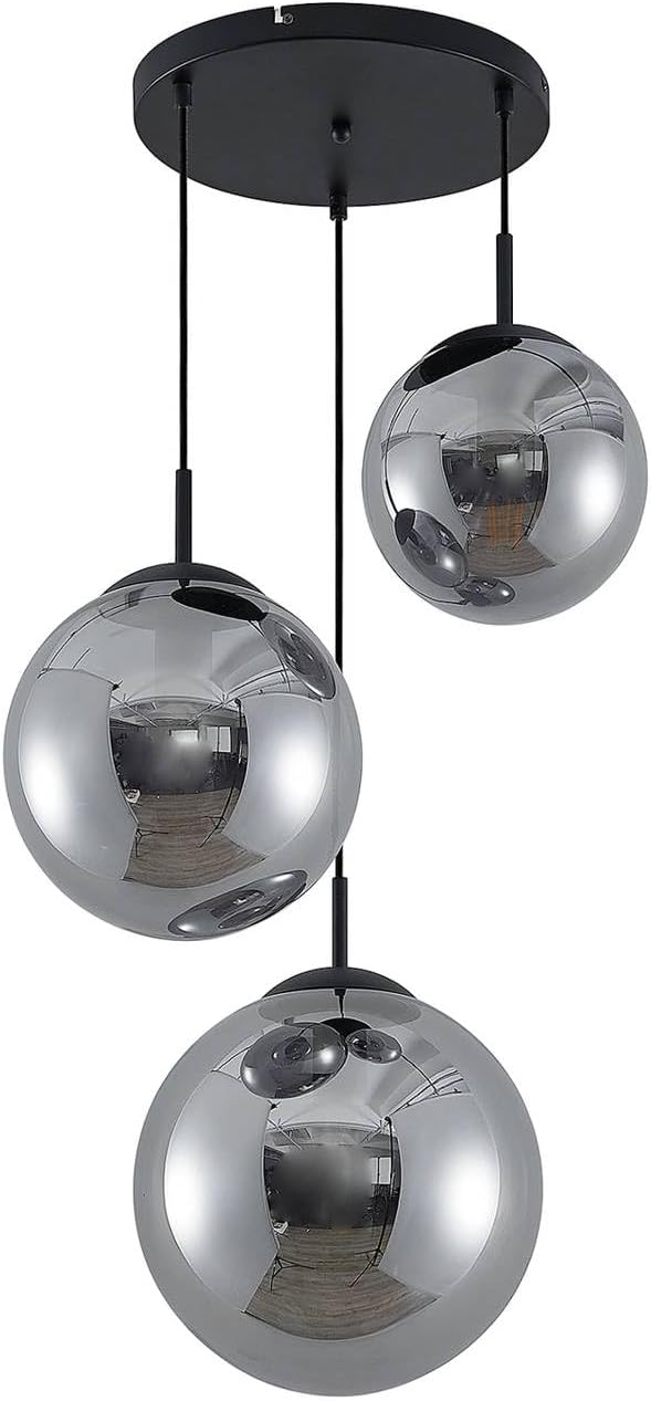 Lindby Esstisch Pendelleuchte Glas rauchgrau, 3 Schirme Ø 30 25 20 cm Hängeleuchte Rauchglas Esszimmer 3x E27 ohne Leuchtmittel Hängelampe Wohnzimmer Esszimmerlampe