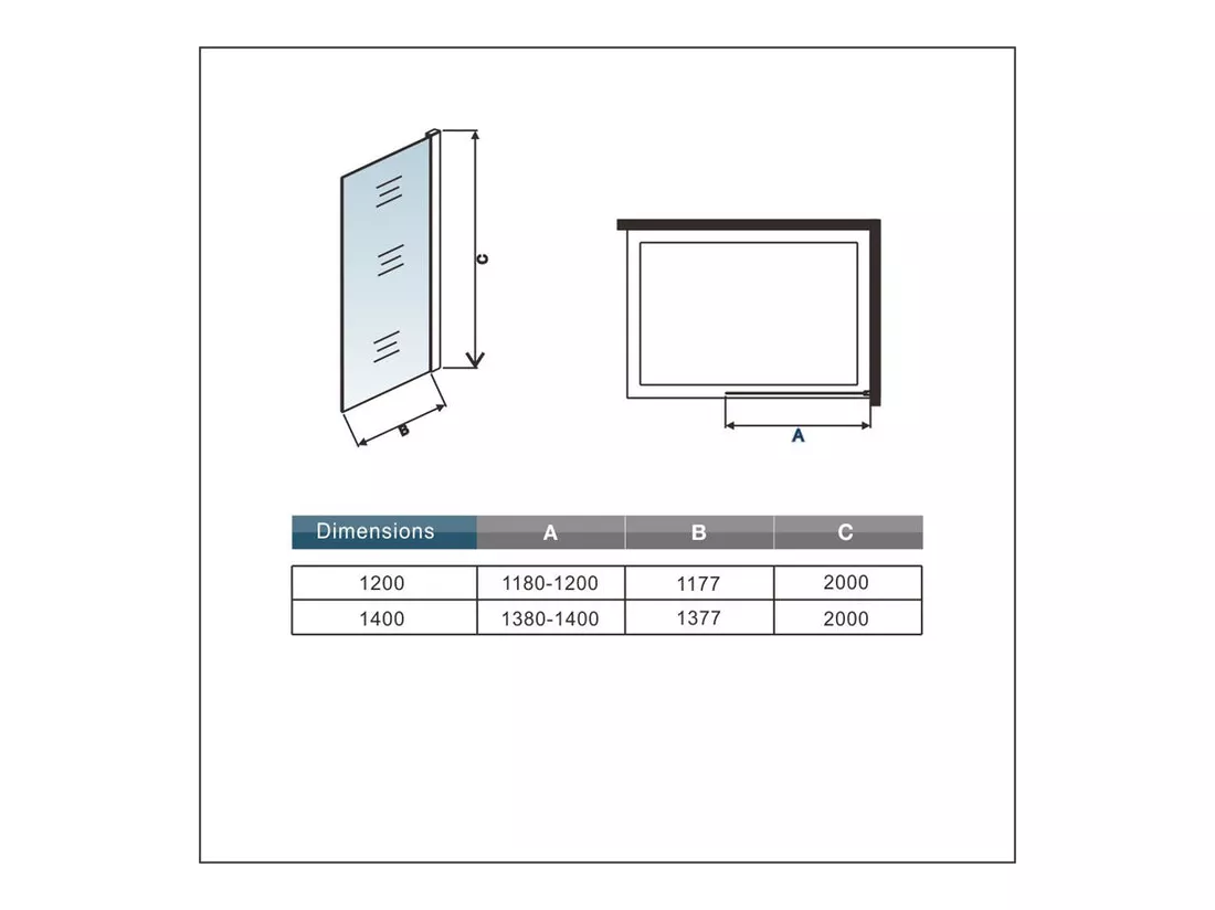 Paroi de douche grise 100x200cm à l'italienne avec barre de fixation 140cm en carré, en 8mm verre trempé anticalcaire