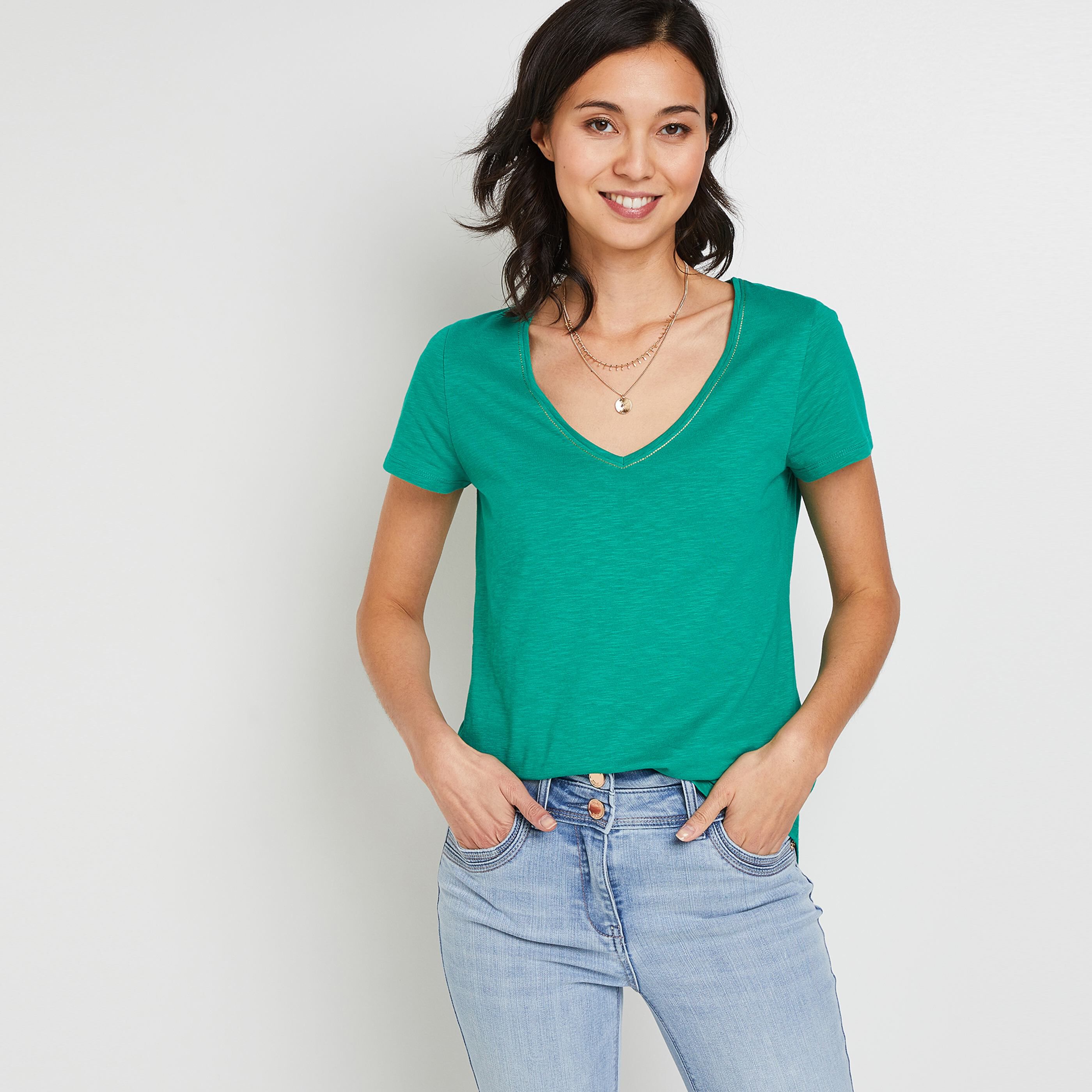 T-shirt manches courtes V femme - VERT
