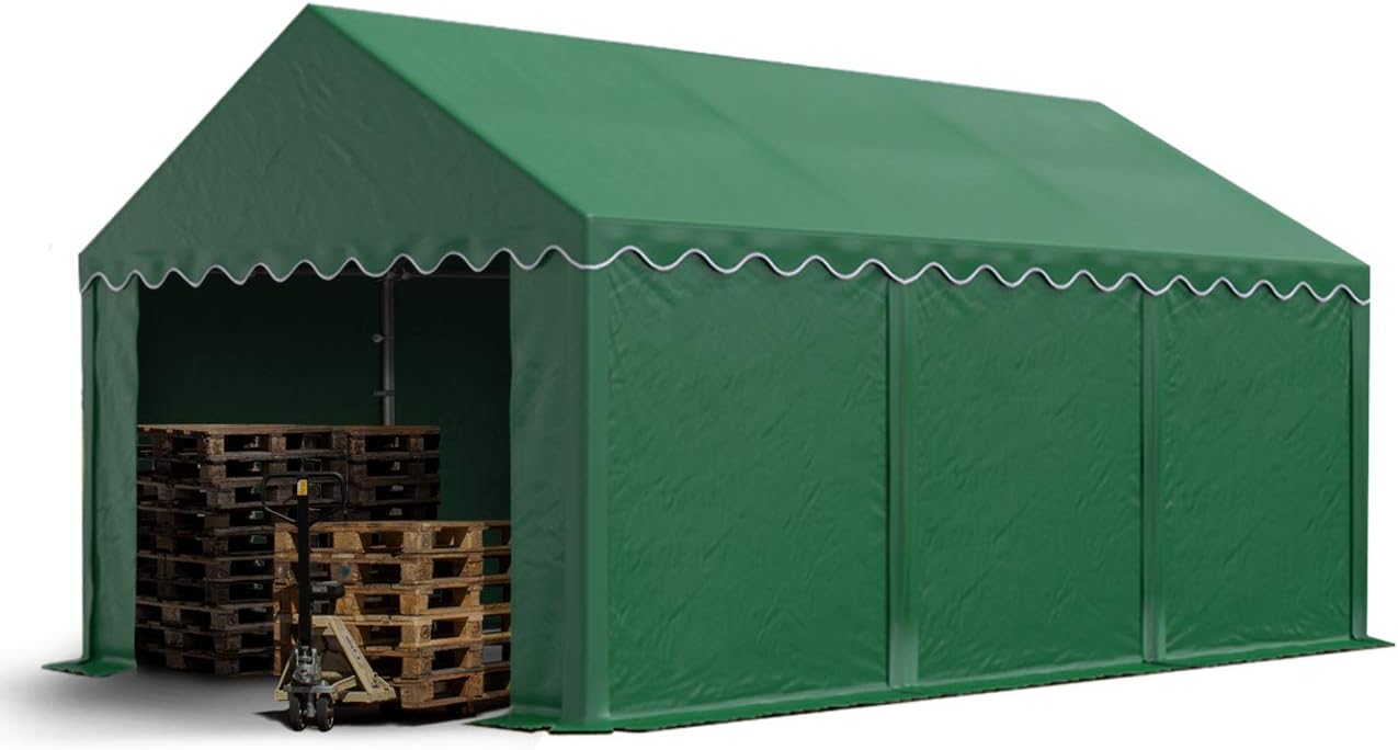 TOOLPORT Lagerzelt 4x6 m Industriezelt Unterstand PVC Plane 750 N dunkelgrün mit Bodenrahmen und Dachverstärkung