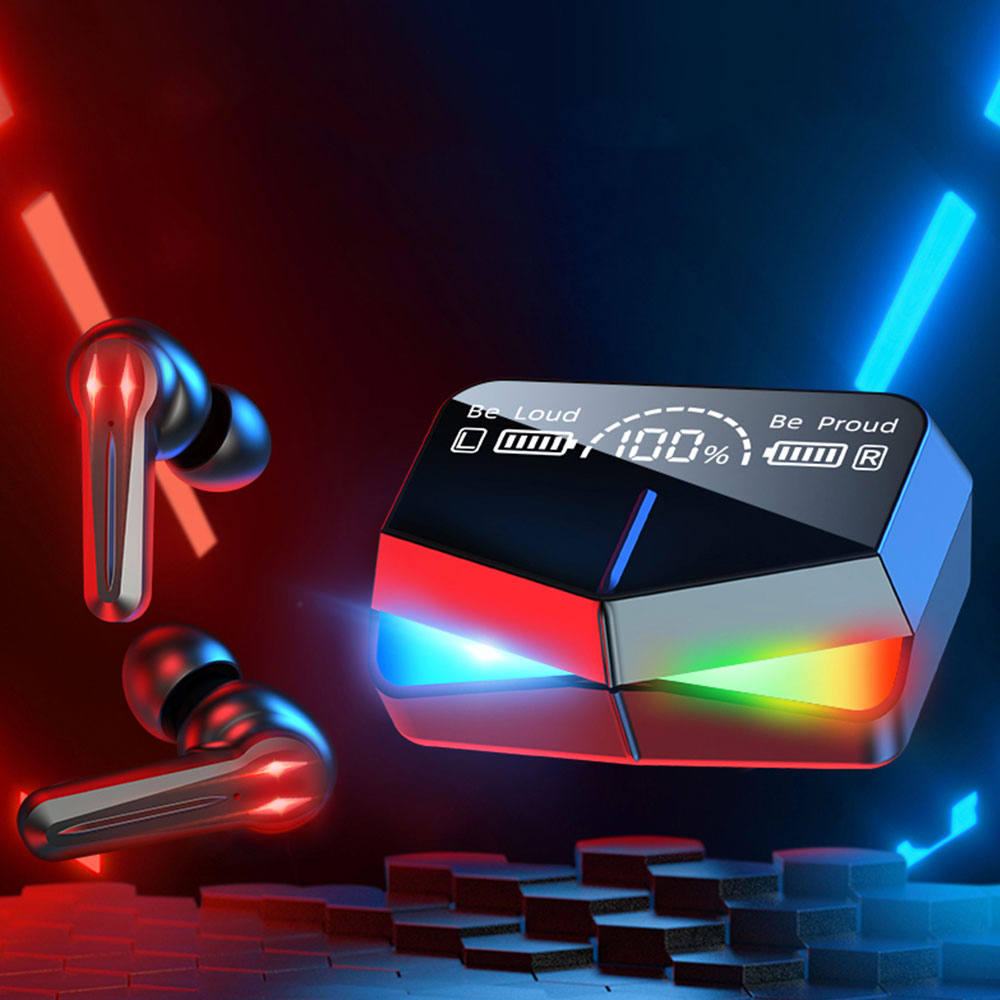 TWS Gaming Bluetooth In-Ear Kopfhörer True Wireless Headset   Ladecase (Powerbank) mit Spiegelfront und Ladeanzeige (2000mAh) - Schwarz