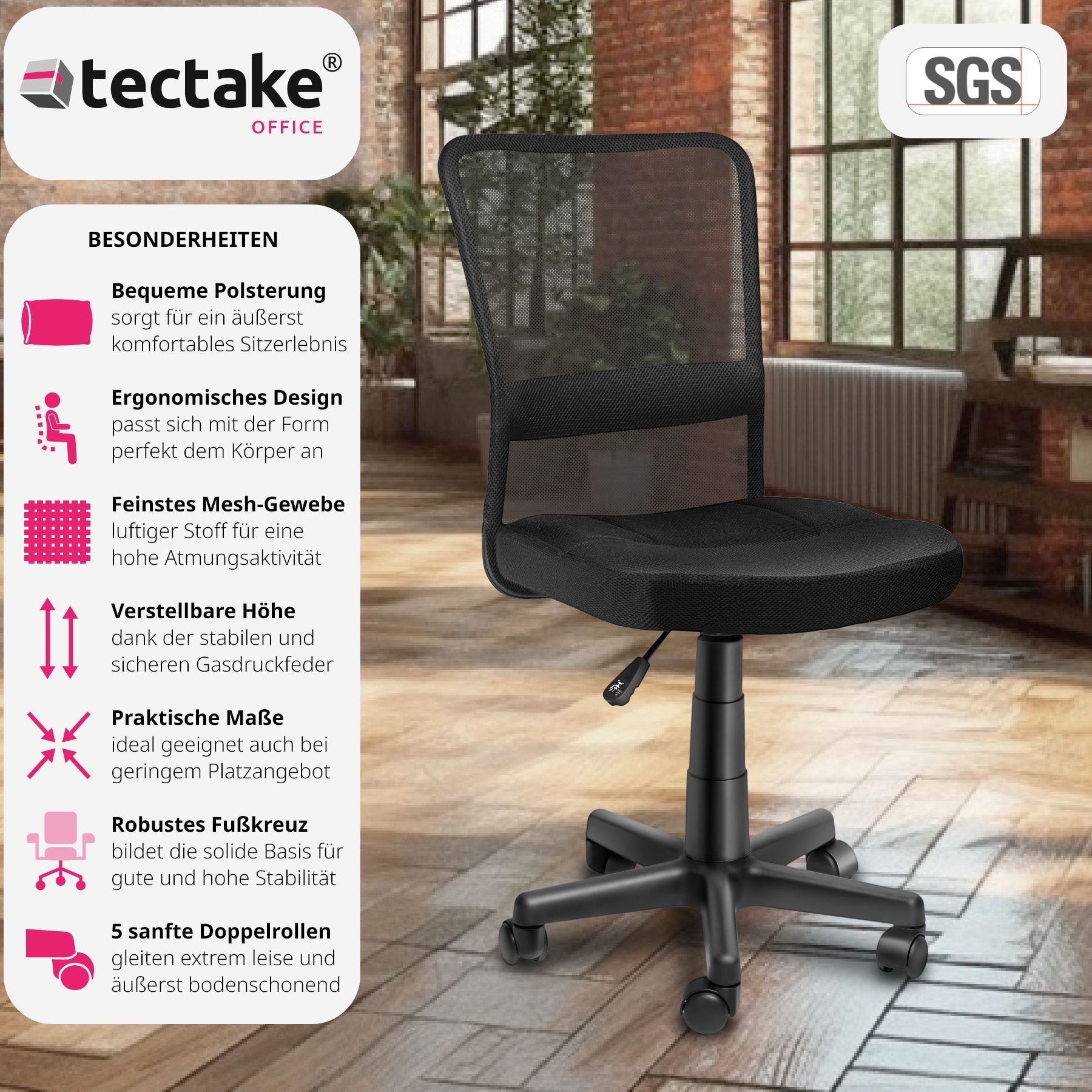 tectake® Bürostuhl, ergonomische Form, mit Netzstoffbezug, stufenlos höhenverstellbar