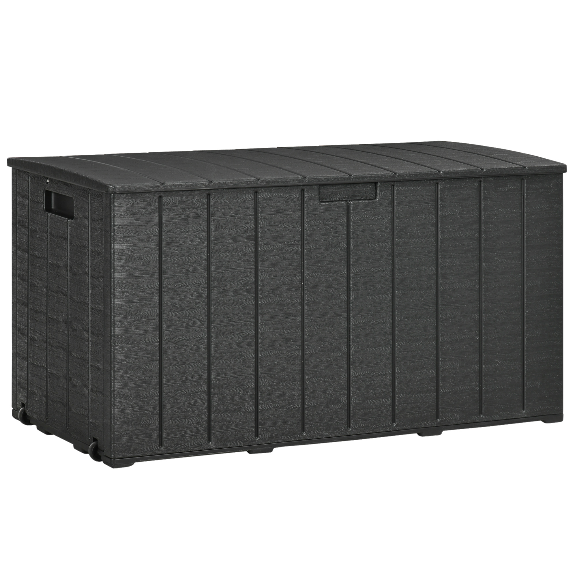 Baú de armazenamento externo Outsunny 366L, baú de jardim de plástico com parede dupla, rodas e alças para pátio, capacidade de carga de 100 kg, 122,4 x 62 x 64,5 cm, preto