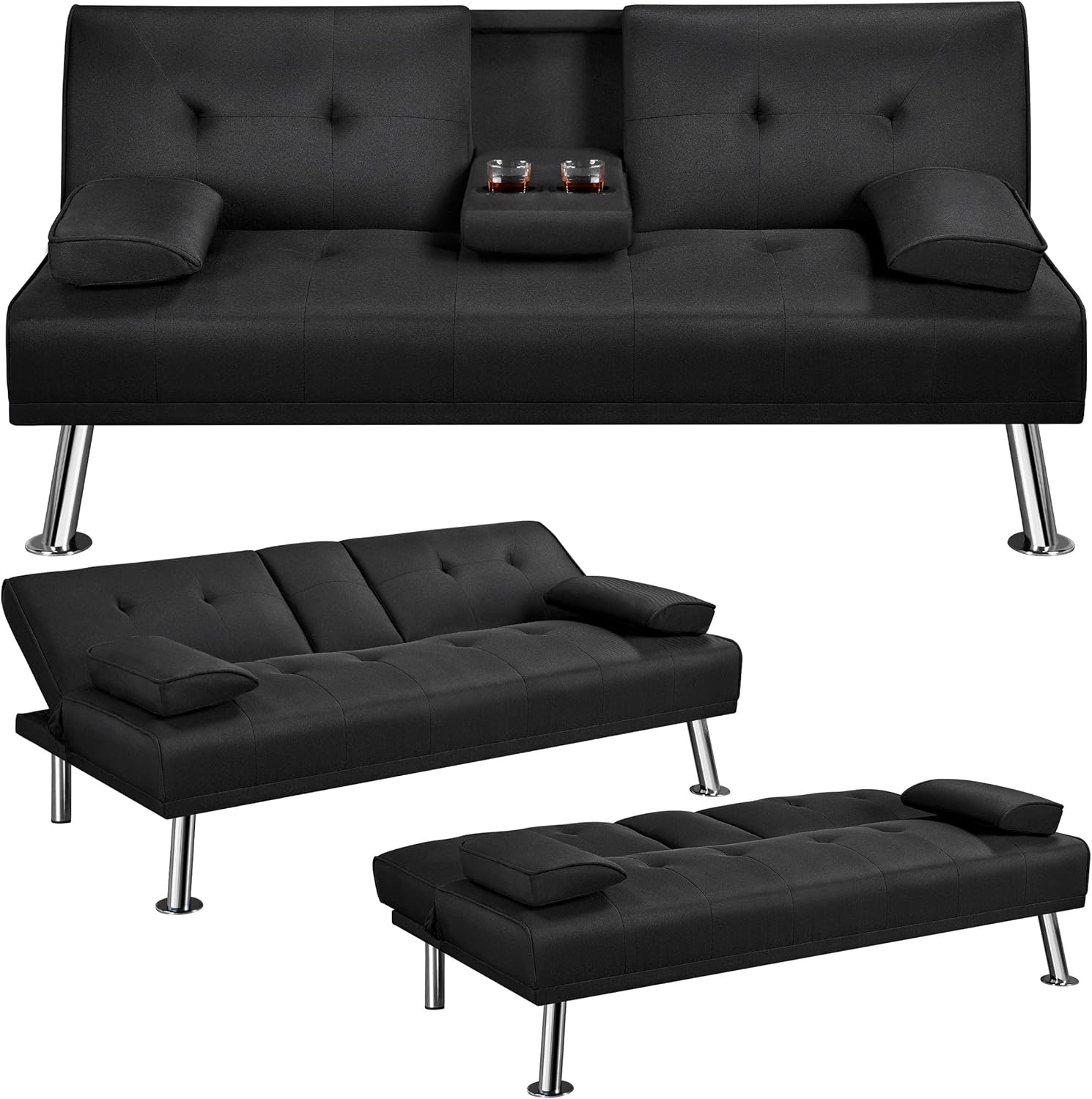 Yaheetech Klappbares Schlafsofa Couch Sofa mit Schlaffunktion Bettsofa mit Großer Liegefläche von 167 cm L × 94 cm B fürs Wohnzimmer/Schlafzimmer/Heimkino/Gästezimmer Schwarz