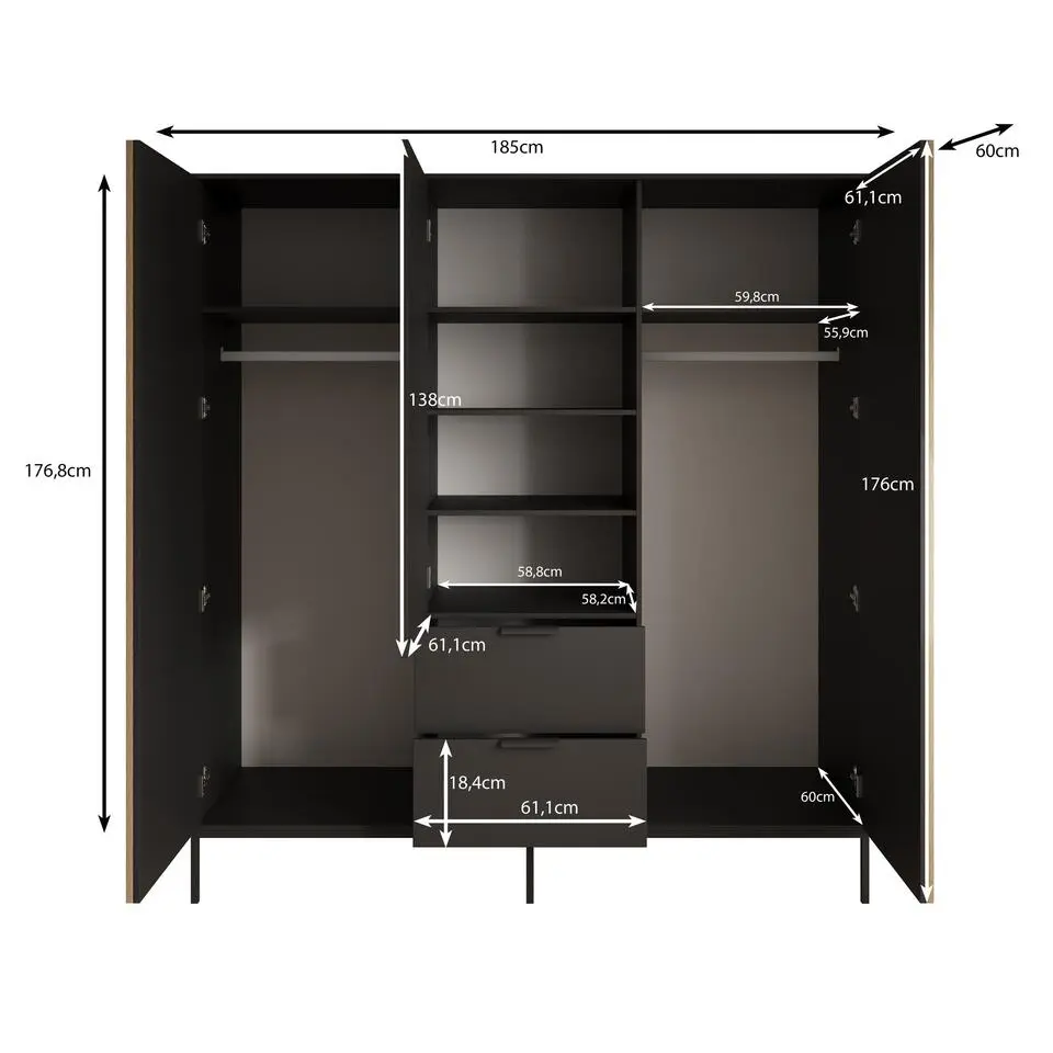 Meubella - Kledingkast Marbella - Zwart - 185 cm