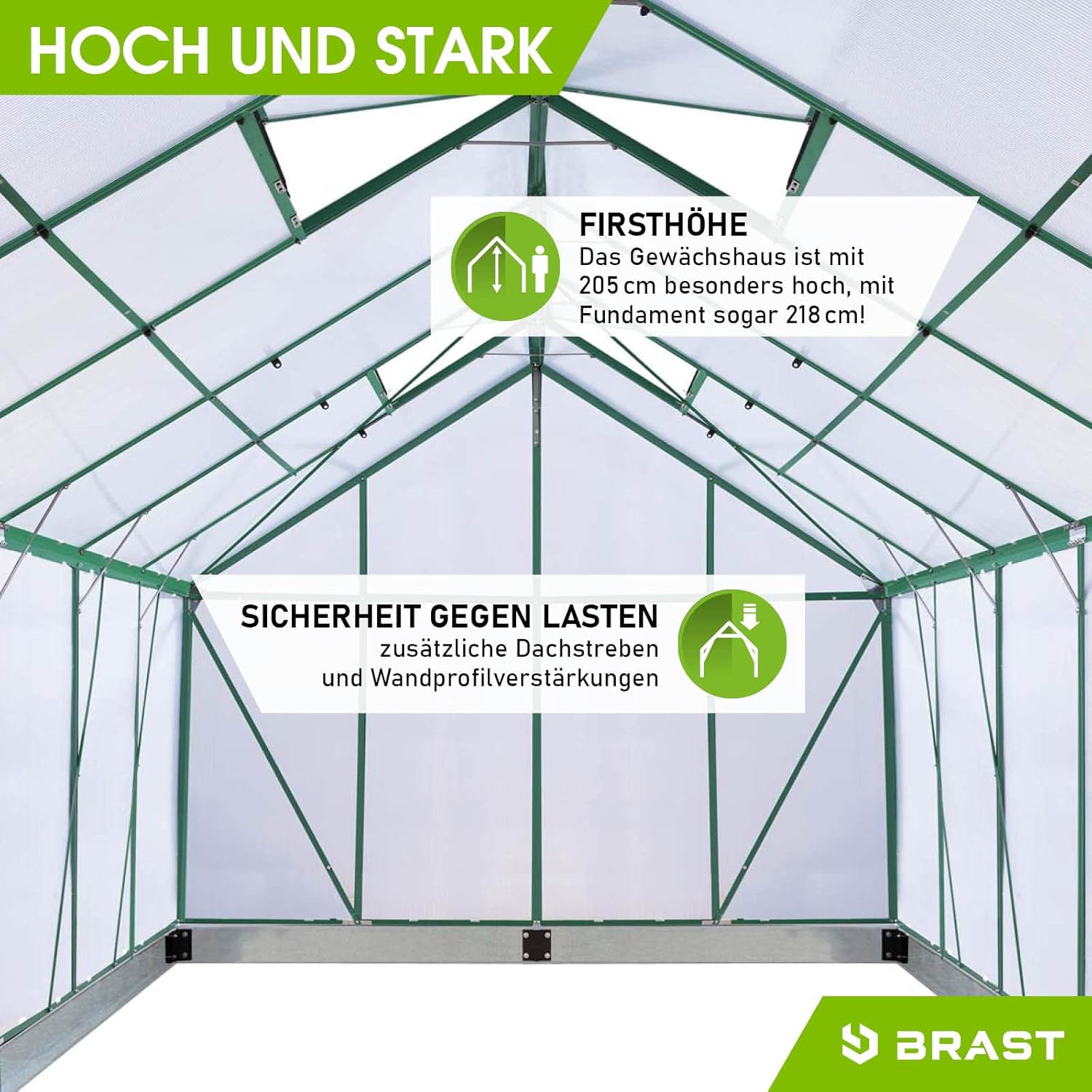 BRAST Gewächshaus Aluminium mit Fundament | 42 Modelle | 130x190x195cm - 490x250x235cm | TÜV geprüft | 6mm Hohlkammerplatten | rostfrei wetterfest temperaturbeständig | 490x250x205cm Grün