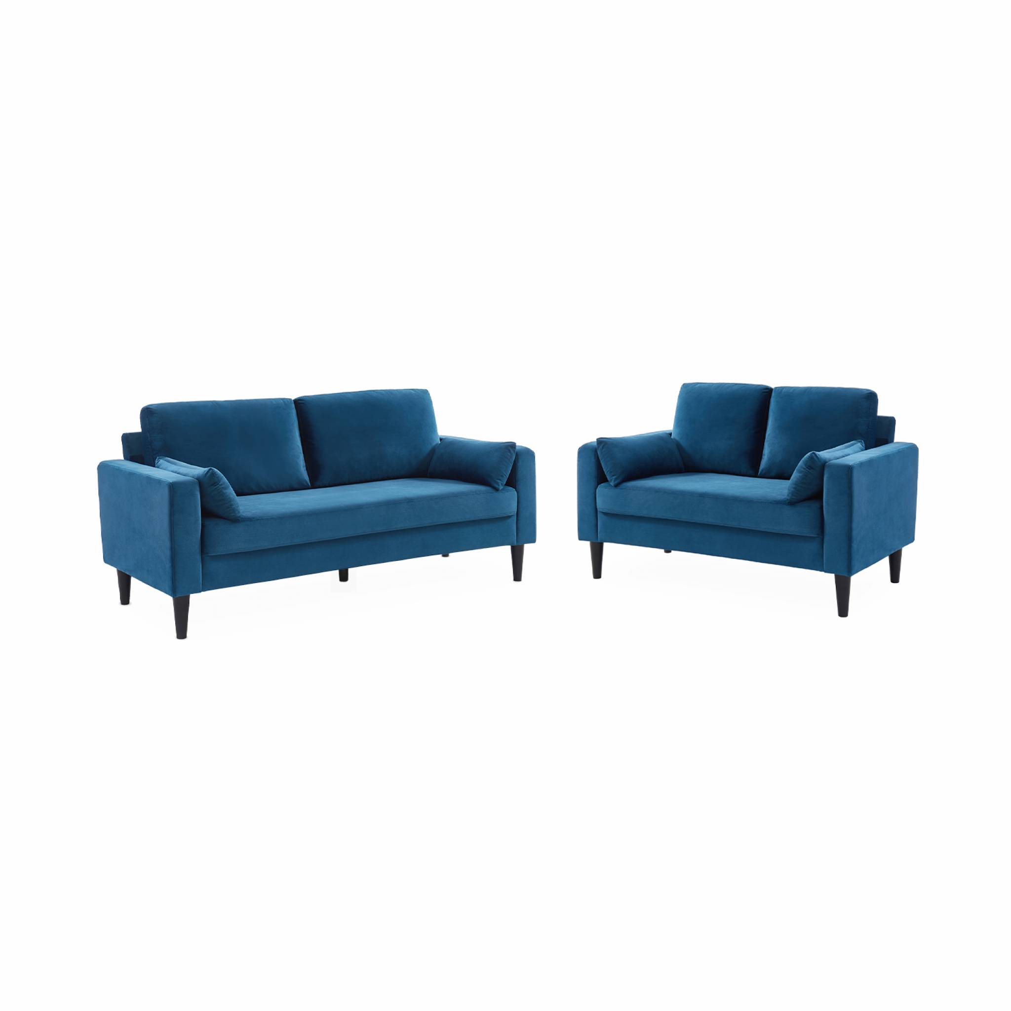 Canapé en velours bleu - bjorn - canapé 3 places fixe droit pieds bois. Style scandinave