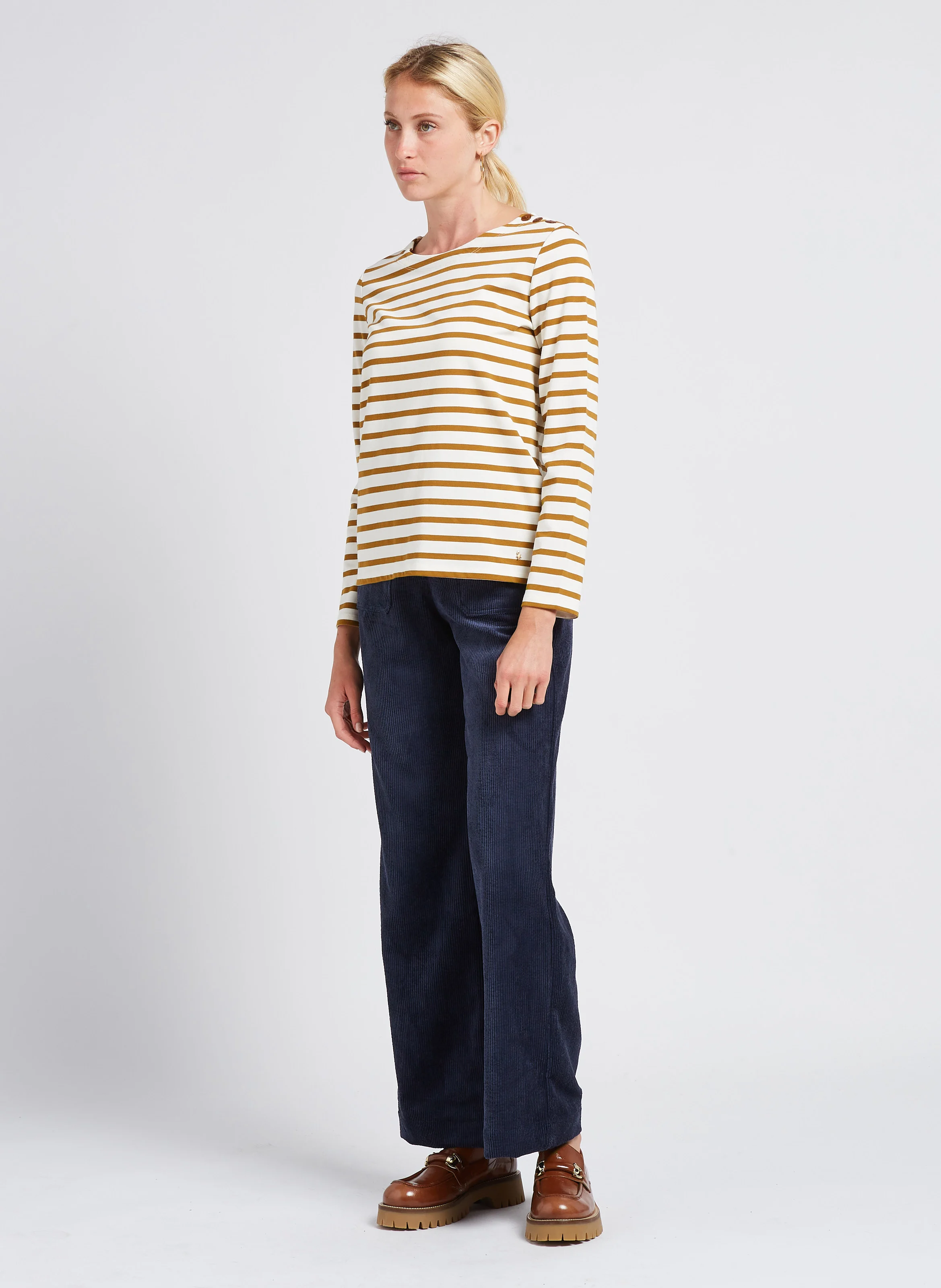 ONLY - Pantalon large taille haute côtelé | Bleu