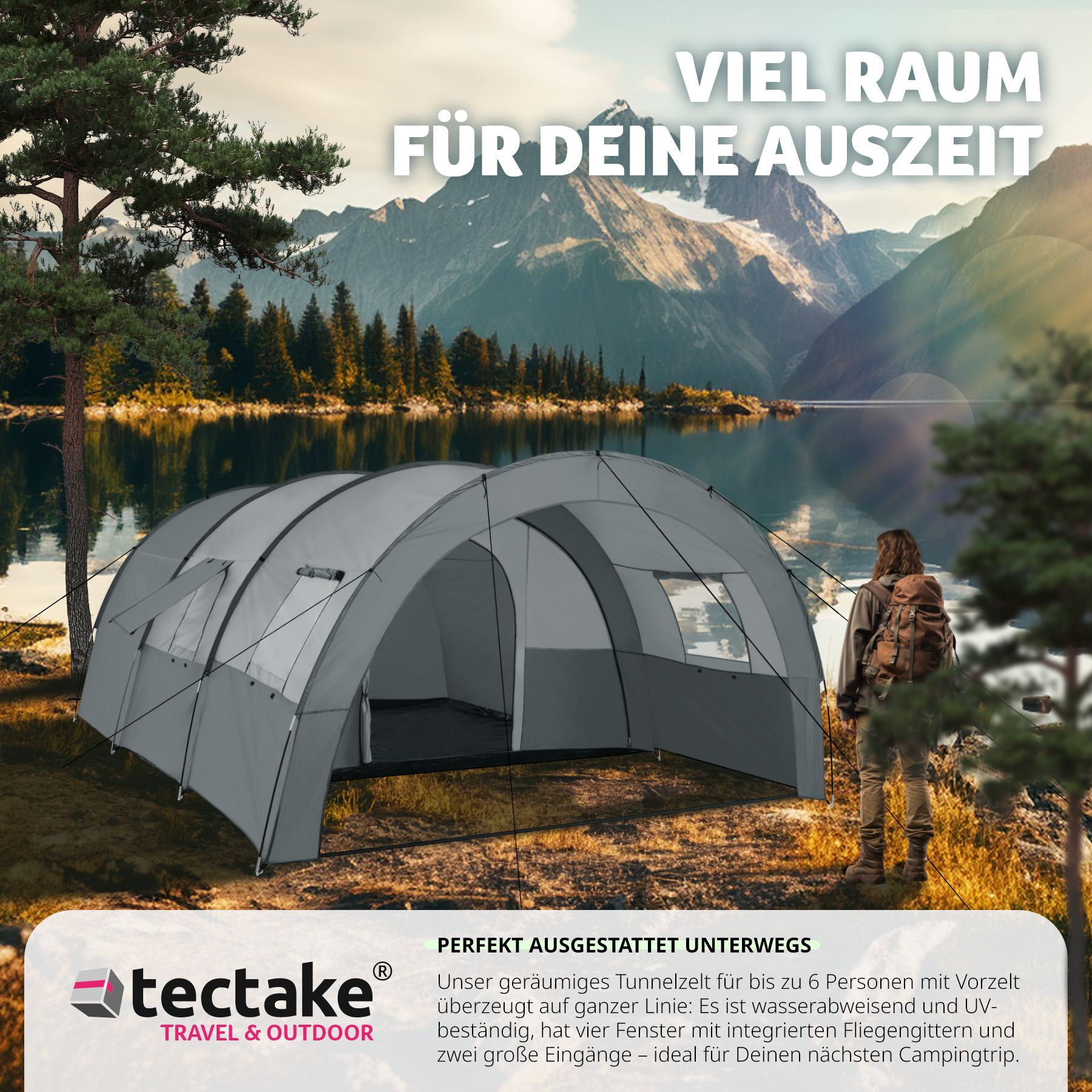 tectake® Tunnelzelt, für 6 Personen, 4 Fenster mit Moskitonetzen, 350 x 480 x 195 cm