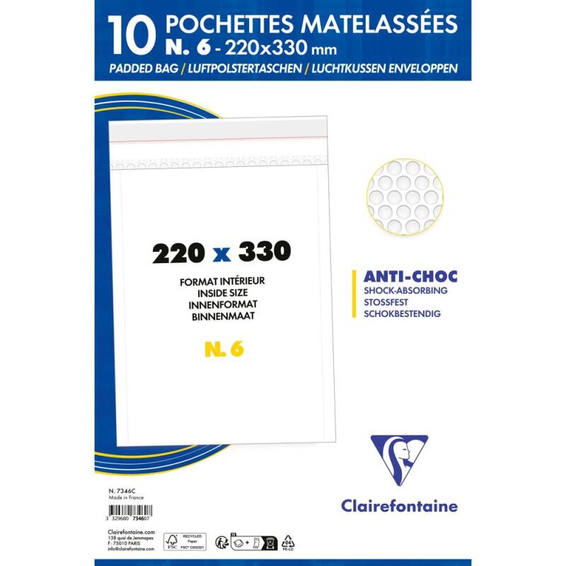 Paquet de 10 Pochettes Blanches Matelassées de Film à Bulles 220x330 mm - Auto-adhésives - Blanc