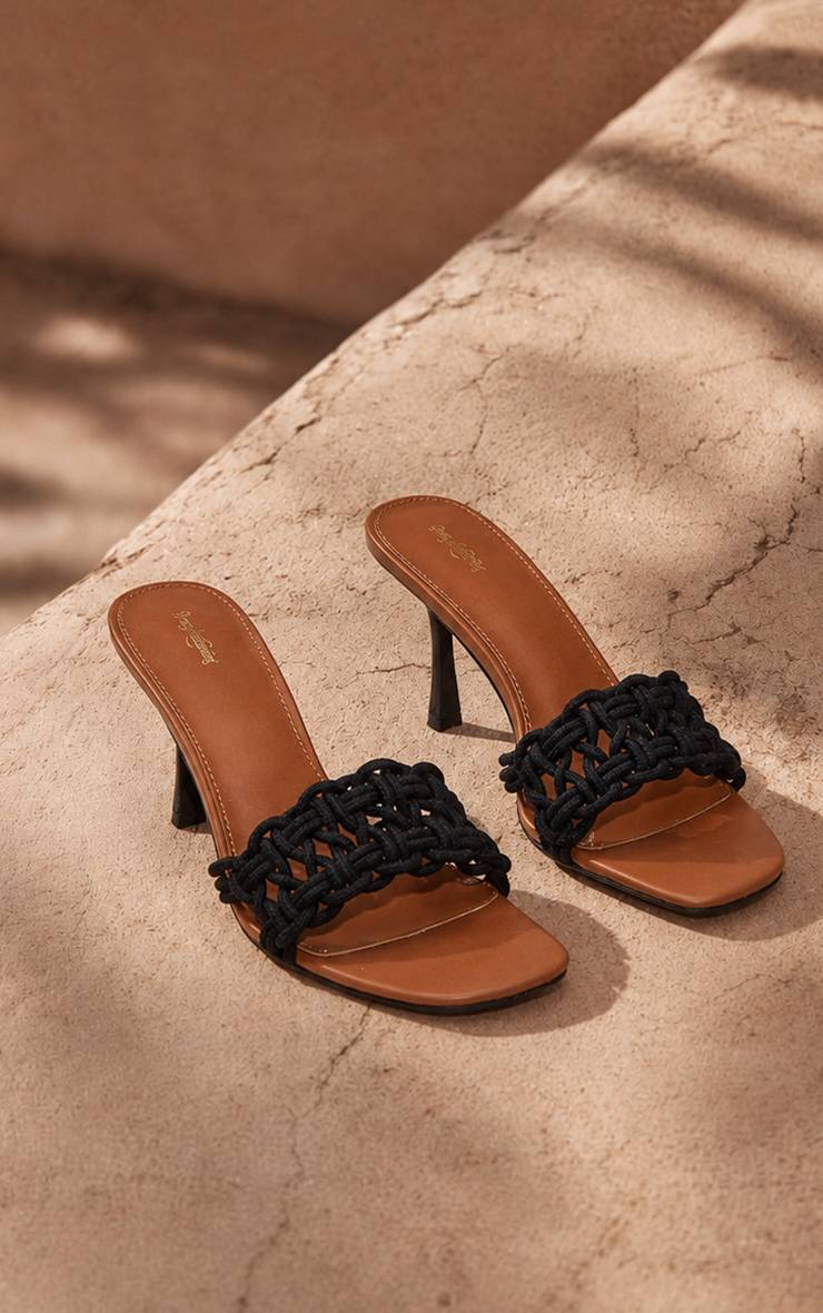 Noir Mules À Talon Bout Carré En Corde Tressée