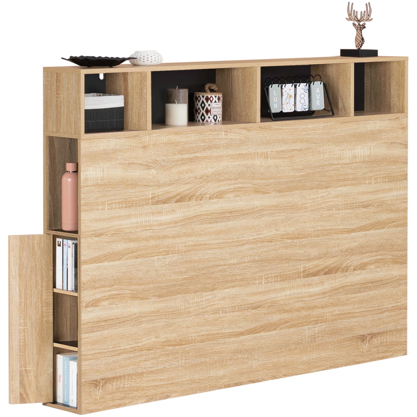 Tête de lit sur pied CLEO 145 cm avec rangements fermés et niches façon hêtre et noir