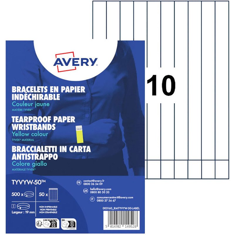 Bracelet papier Tyvek largeur 19 mm Avery jaune fluo -Lot 500