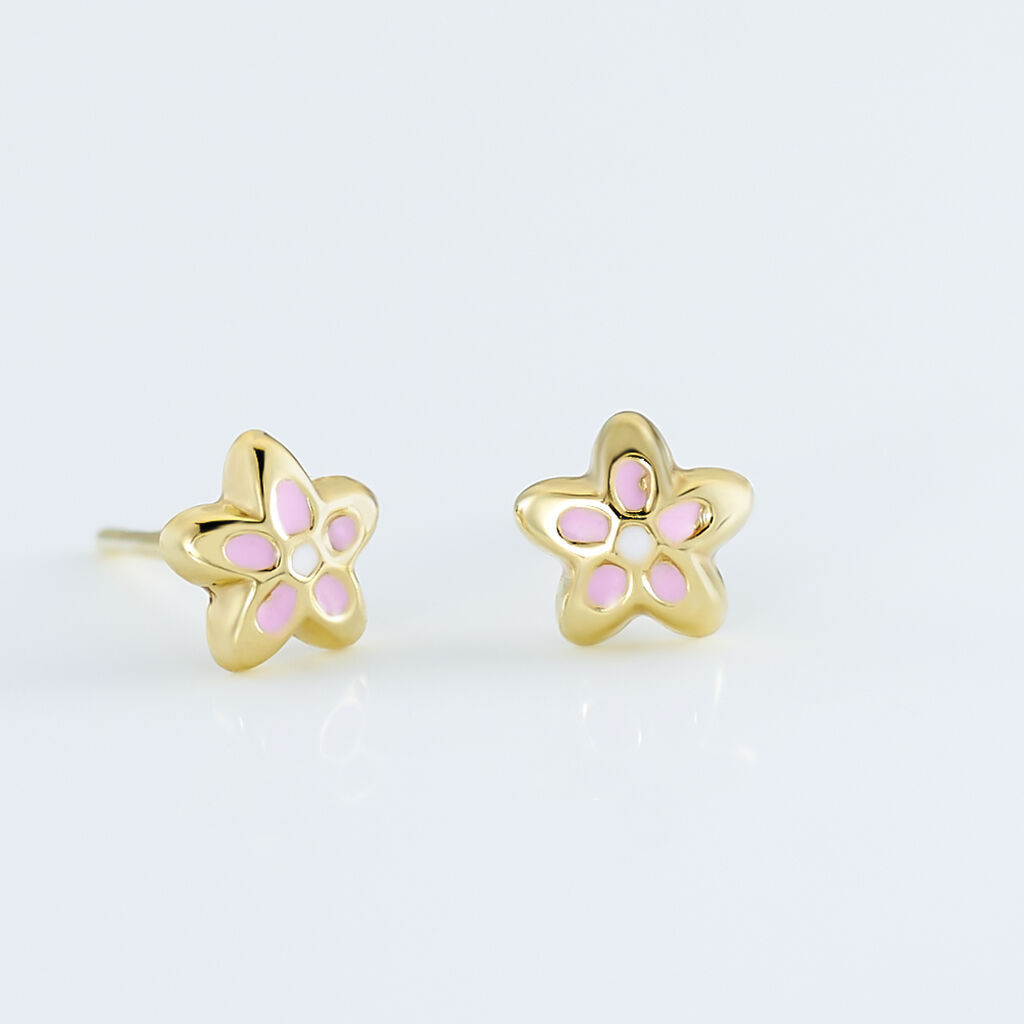 Boucles D'oreilles Puces Fleur Email Or Jaune