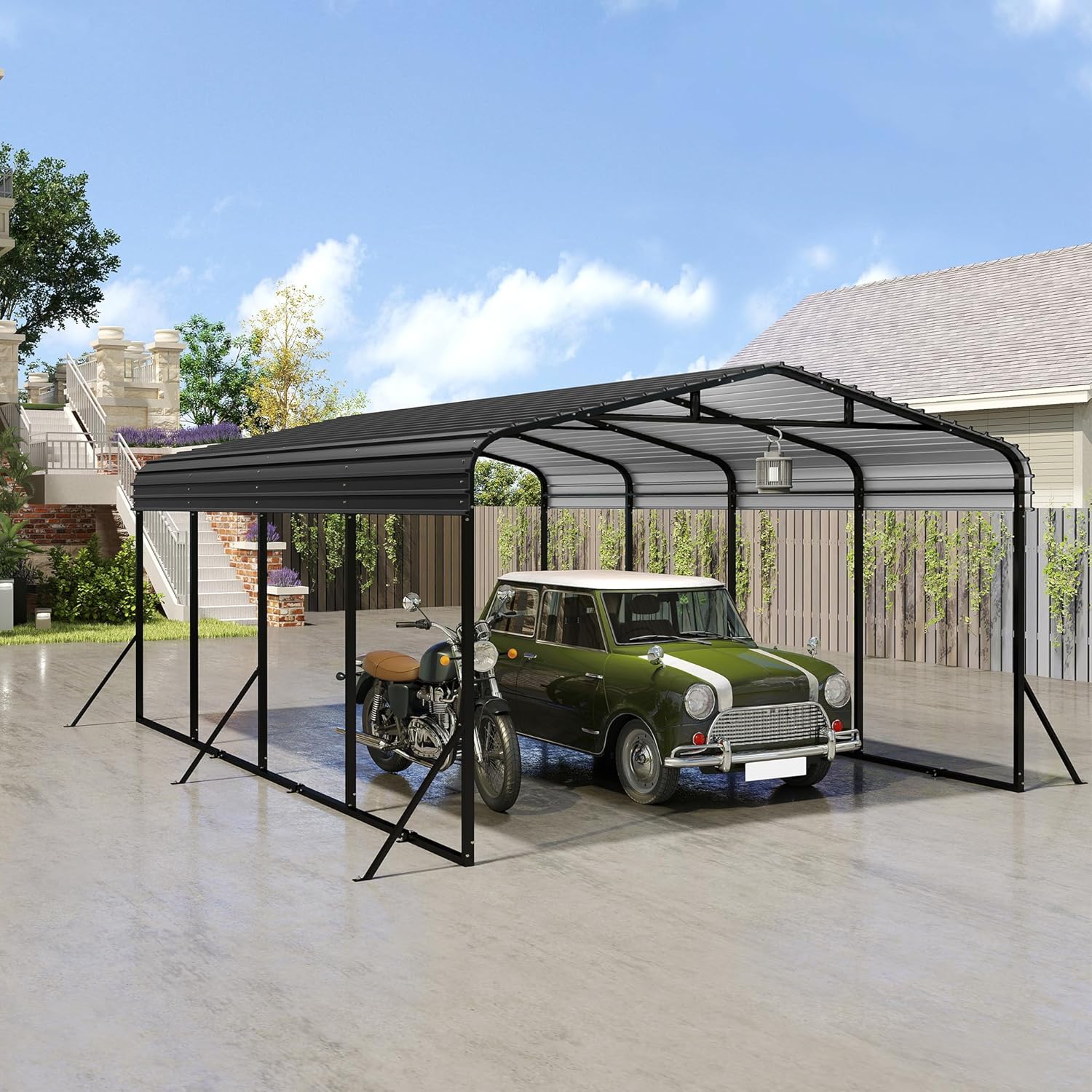 Aufun 12x20 FT Metall Carport Zeltgarage, Hochleistungs-Überdachung mit verstärkter Basis, Stahldach und Ganzmetallrahmen, Außenbereich Garagen-Autounterstand für Auto, LKW und Boote-6x3.7x2.6m